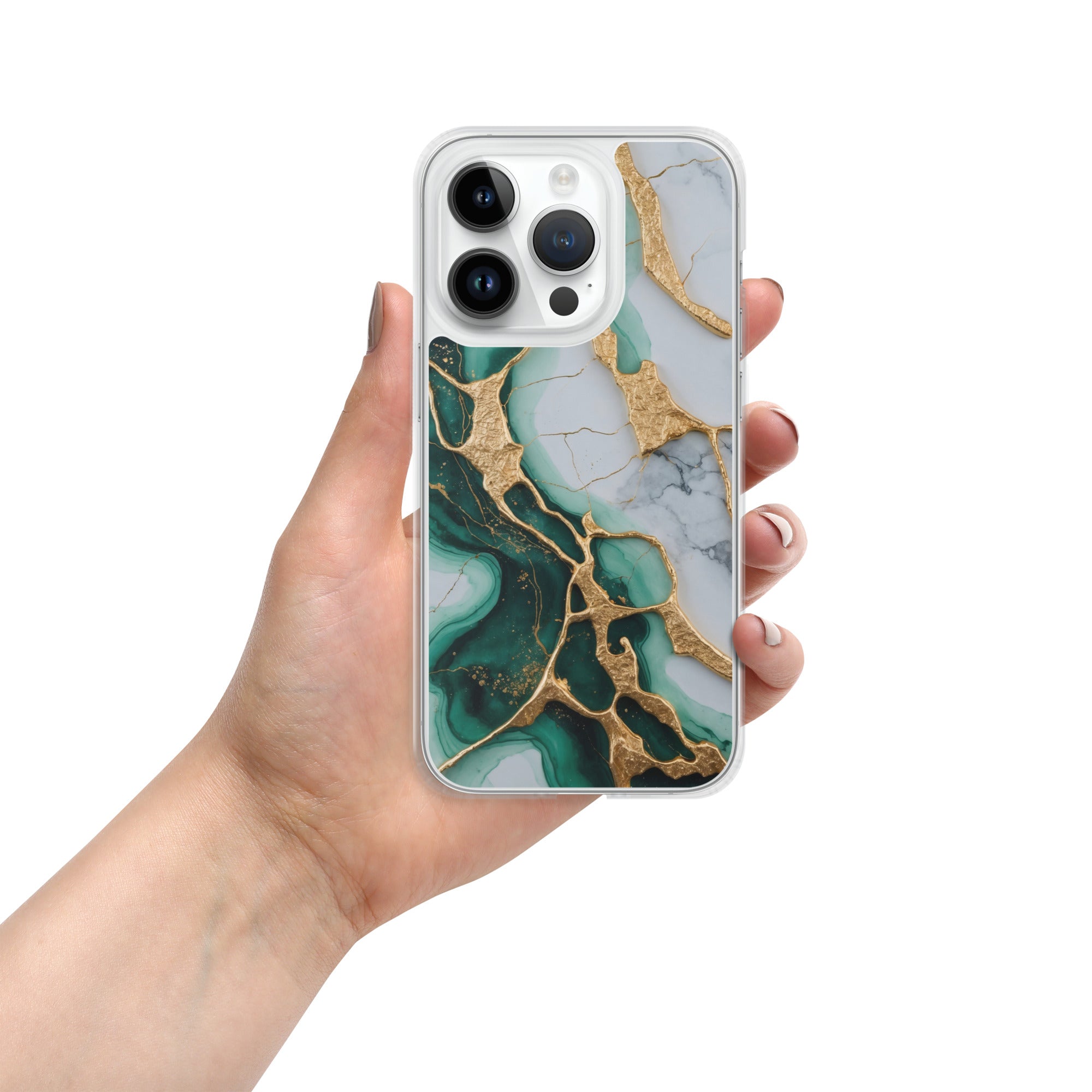 Emerald Golden Marble Flow Clear Case for iPhone 14 Pro - Luxury Green & Gold Marble Protective Cover