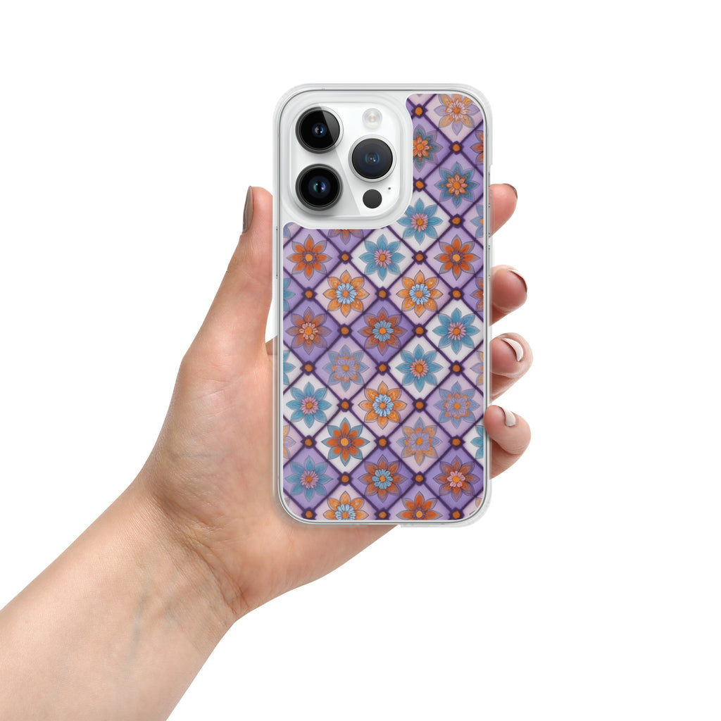 Violet Mosaic Blooms Clear Case for iPhone 14 Pro - Colorful Floral Pattern Protective Cover