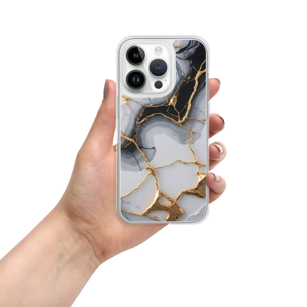 Golden Marble Veins Clear Case for iPhone 14 Pro - Luxury Black & White Marble Protective Cover