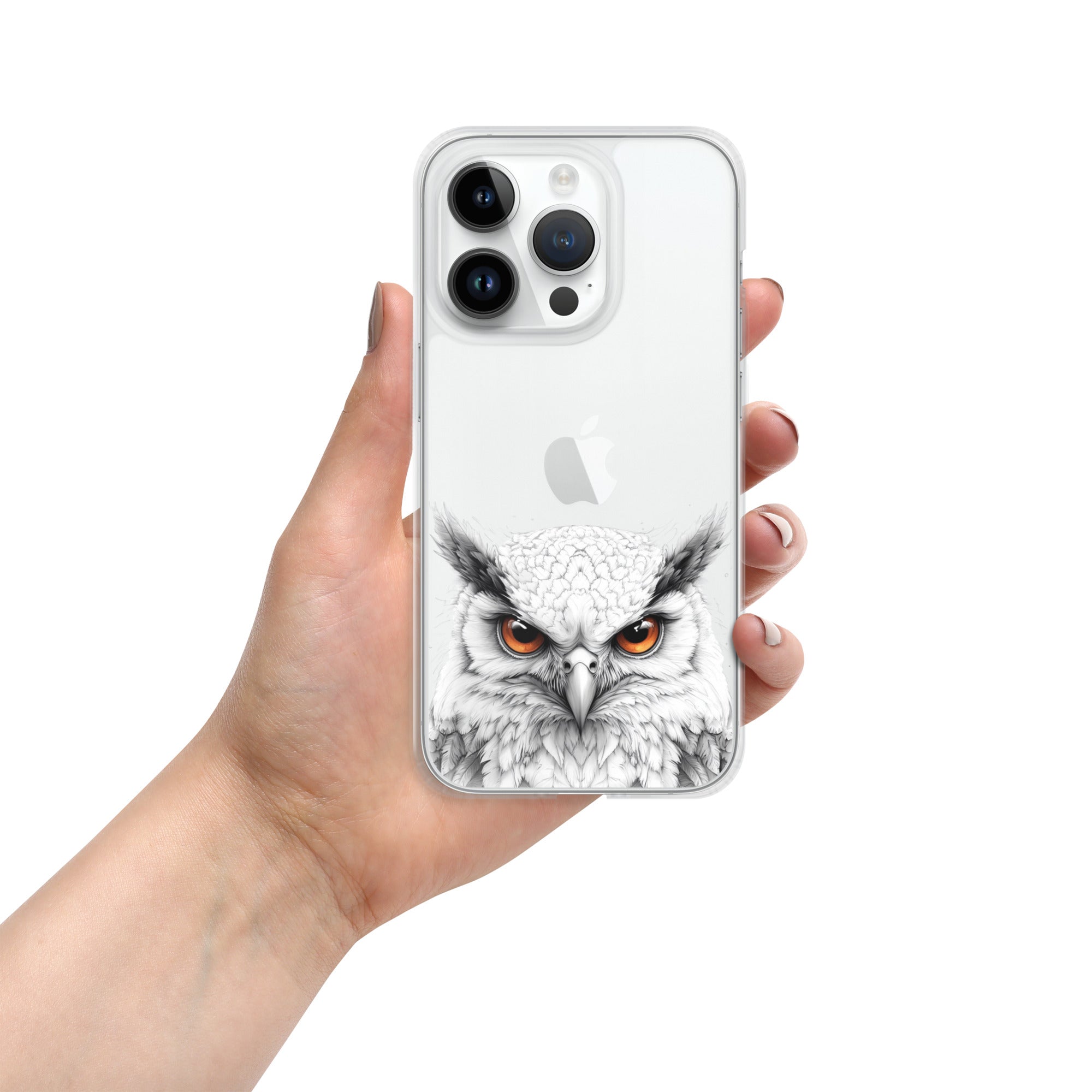 Snowy Owl Glare Clear Case for iPhone 14 Pro - Minimalist White Owl Illustration Protective Cover