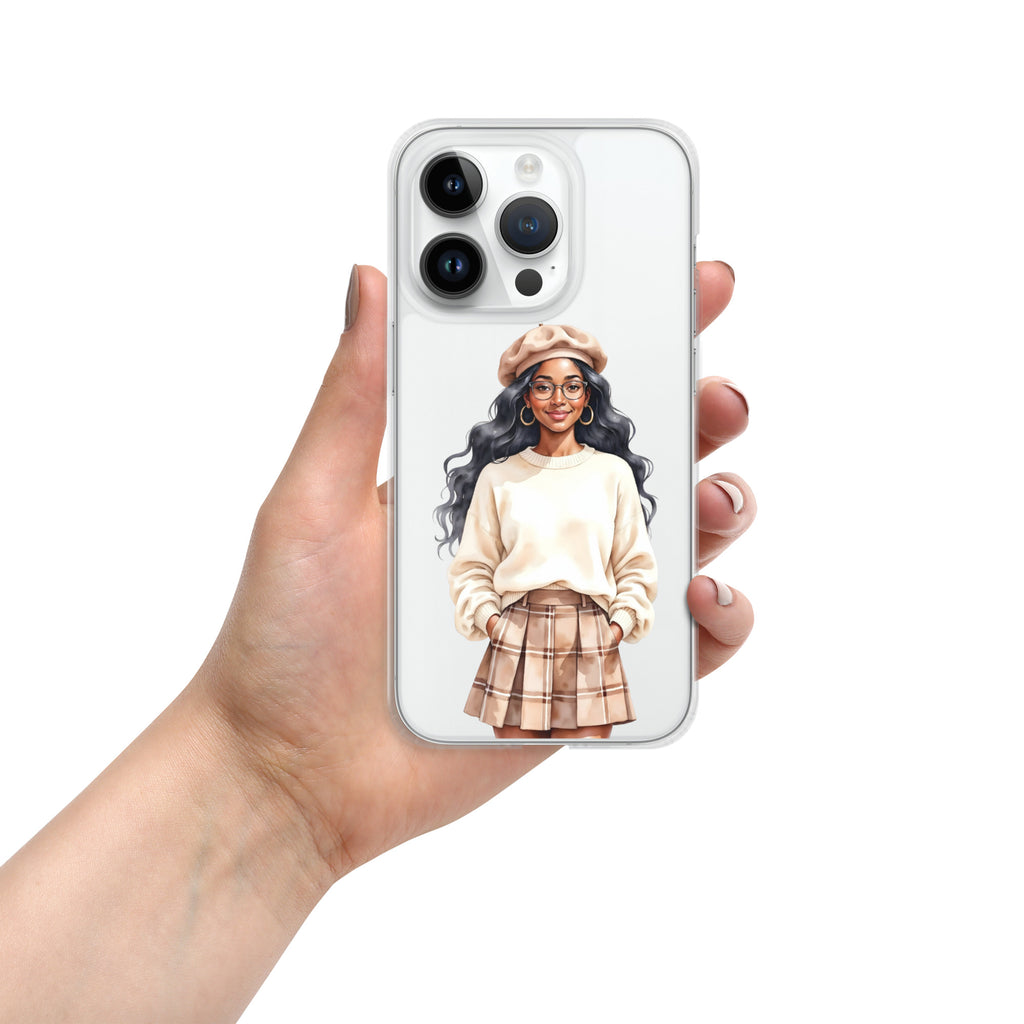 Cozy Plaid Autumn Girl Clear Case for iPhone 14 Pro - Fashion Illustration Protective Cover