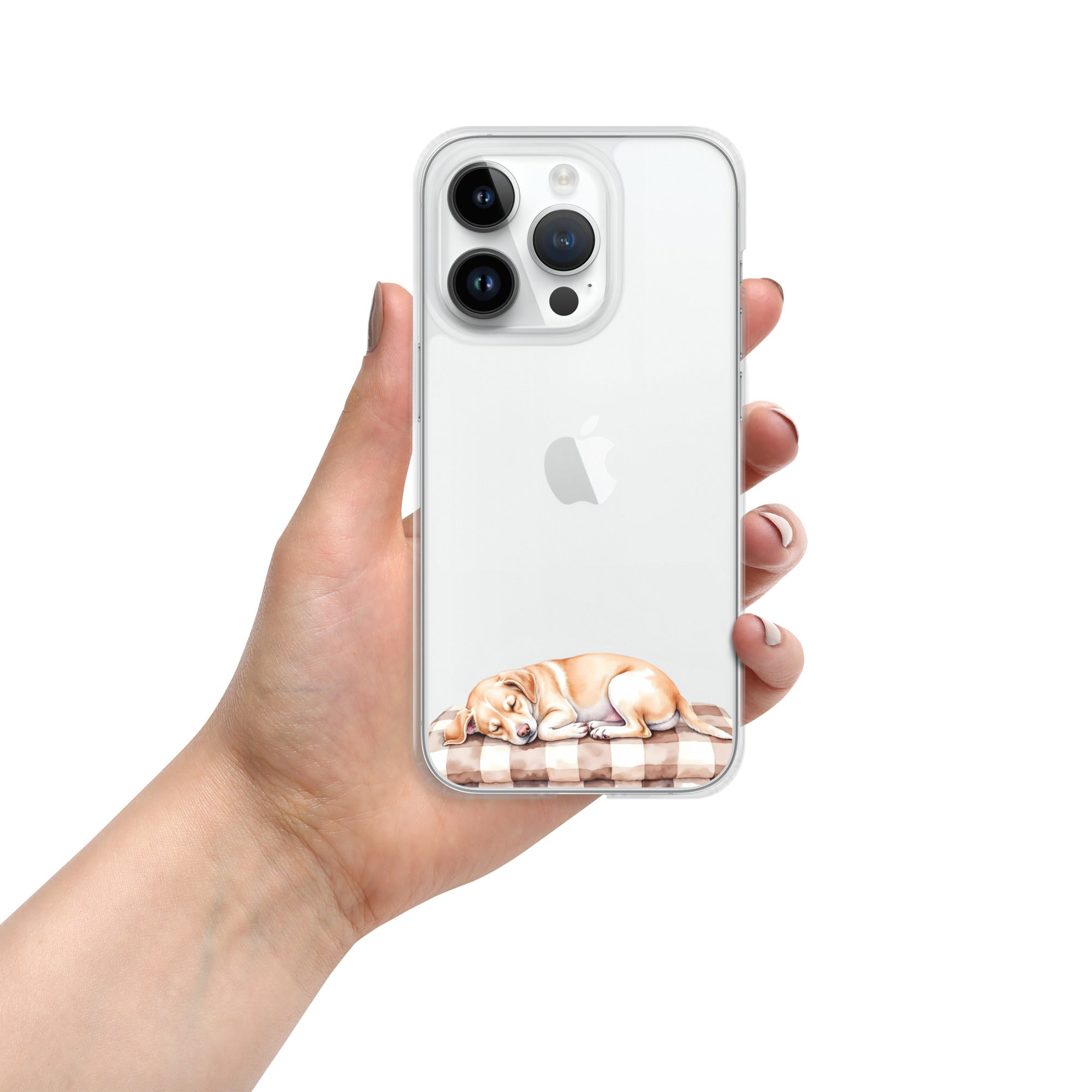 Sleepy Dog on Checkered Blanket Clear Case for iPhone 14 Pro - Cute Cozy Puppy Illustration Protective Cover