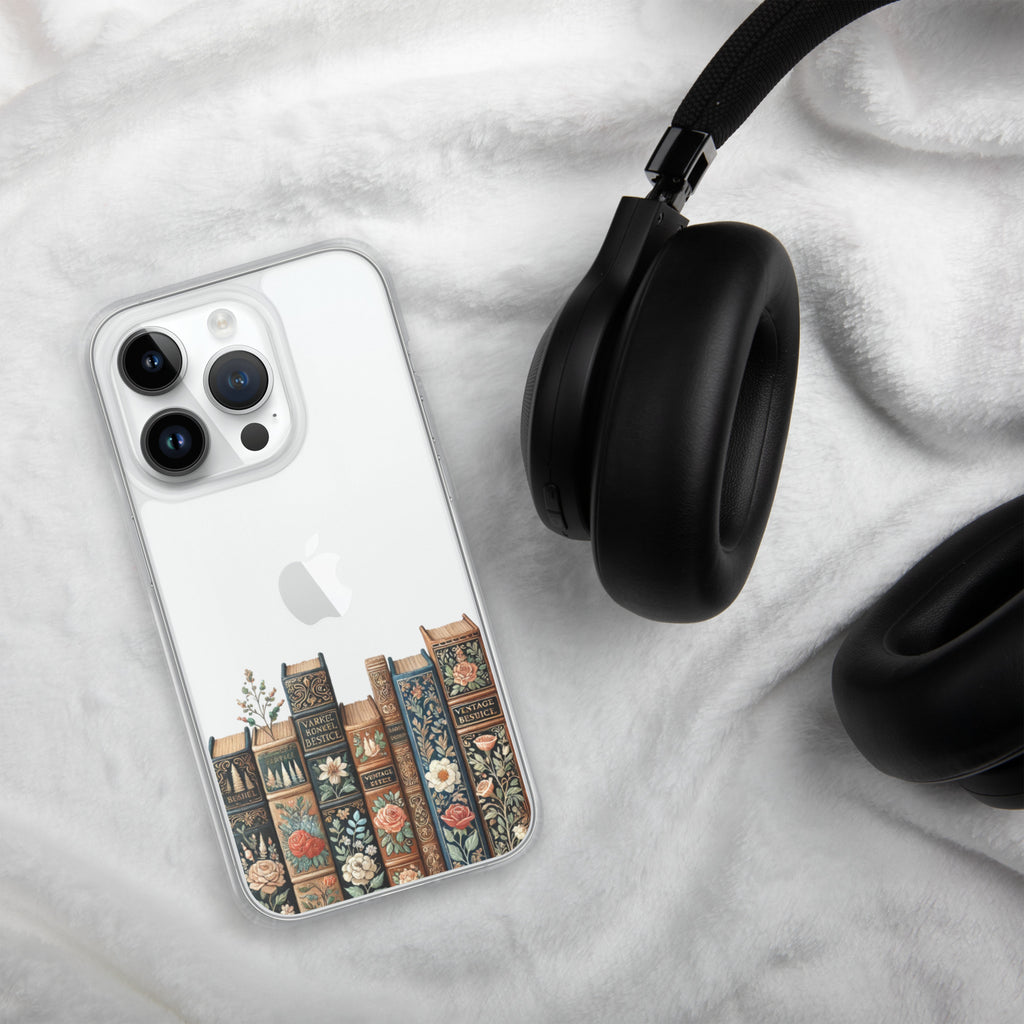 Vintage Floral Bookshelf Clear Case for iPhone 14 Pro - Dark Academia Book Lover Cover