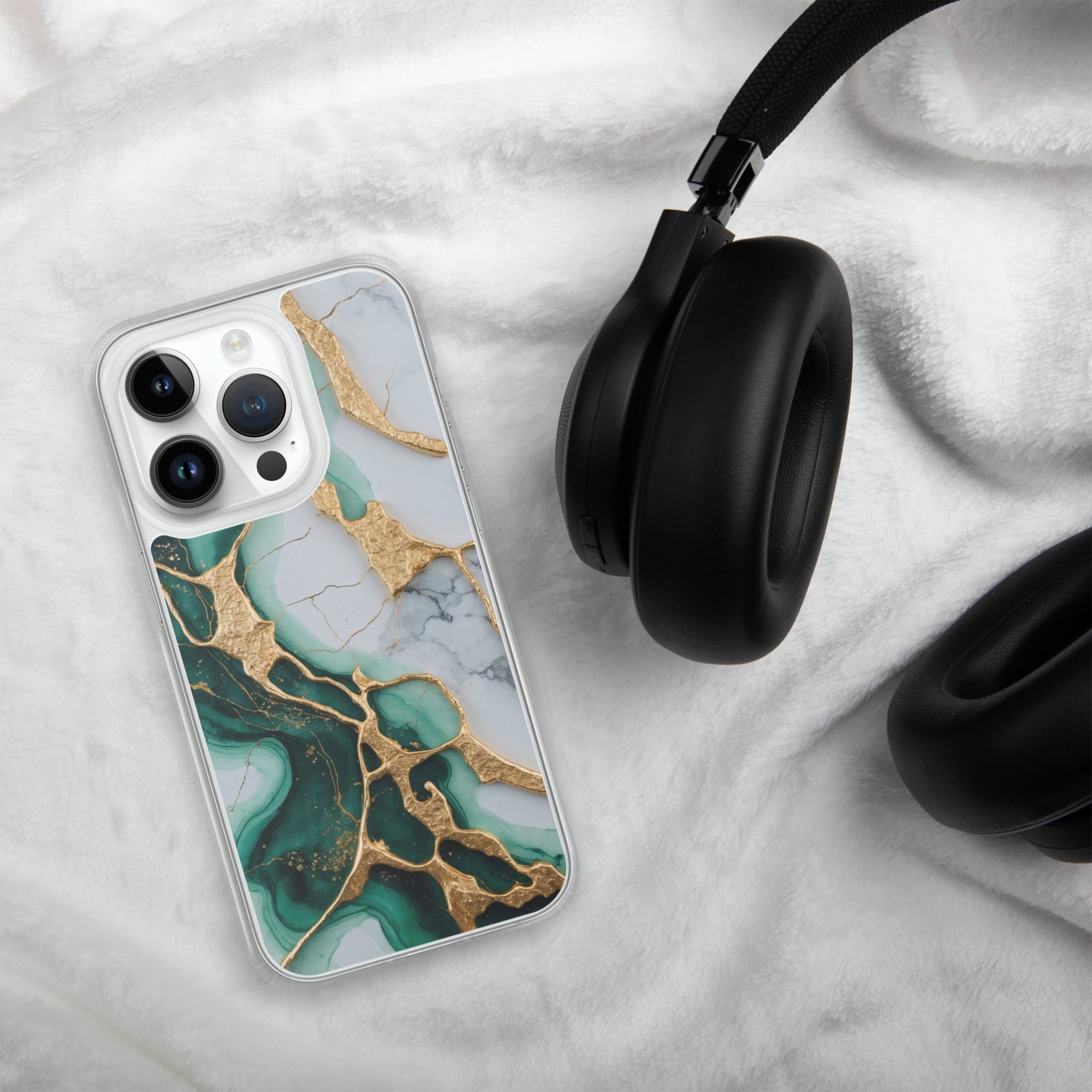 Emerald Golden Marble Flow Clear Case for iPhone 14 Pro - Luxury Green & Gold Marble Protective Cover