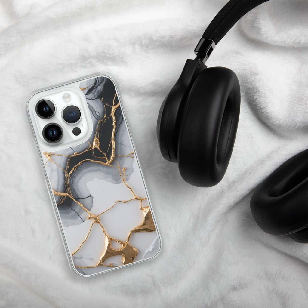 Golden Marble Veins Clear Case for iPhone 14 Pro - Luxury Black & White Marble Protective Cover
