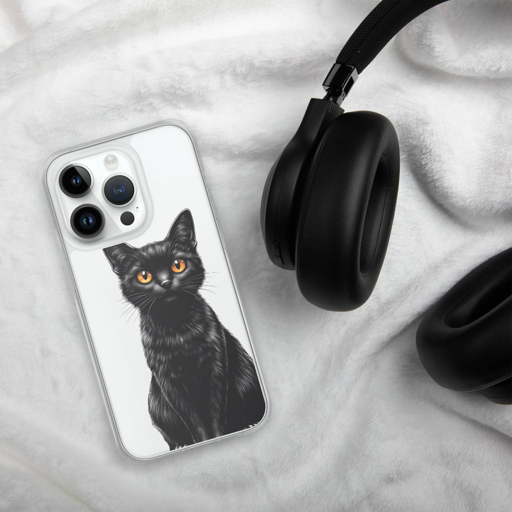 Midnight Black Cat Clear Case for iPhone 14 Pro - Elegant Black Cat Illustration Protective Cover