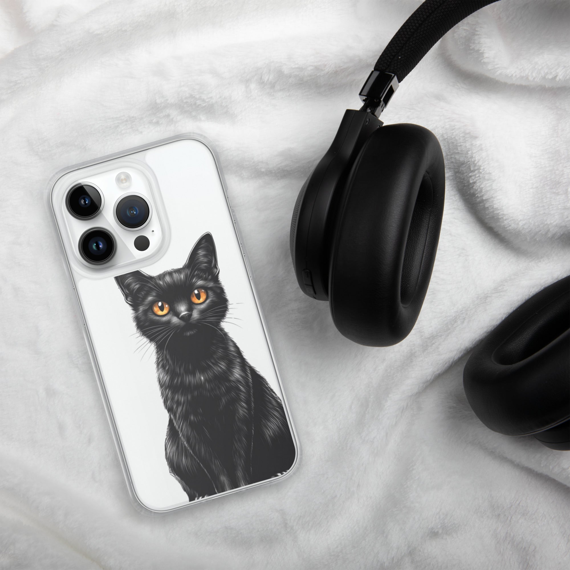 Midnight Black Cat Clear Case for iPhone 14 Pro - Elegant Black Cat Illustration Protective Cover