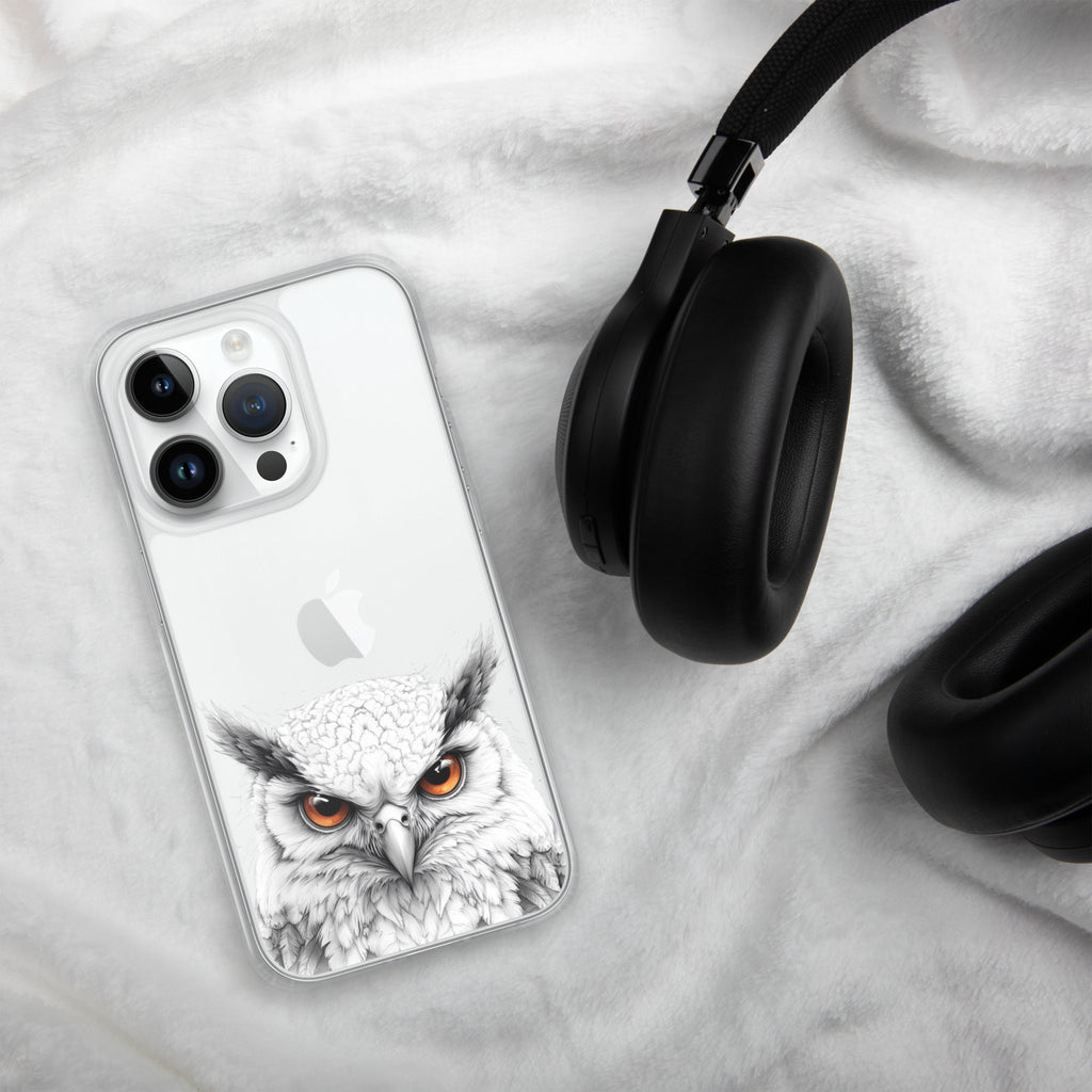 Snowy Owl Glare Clear Case for iPhone 14 Pro - Minimalist White Owl Illustration Protective Cover