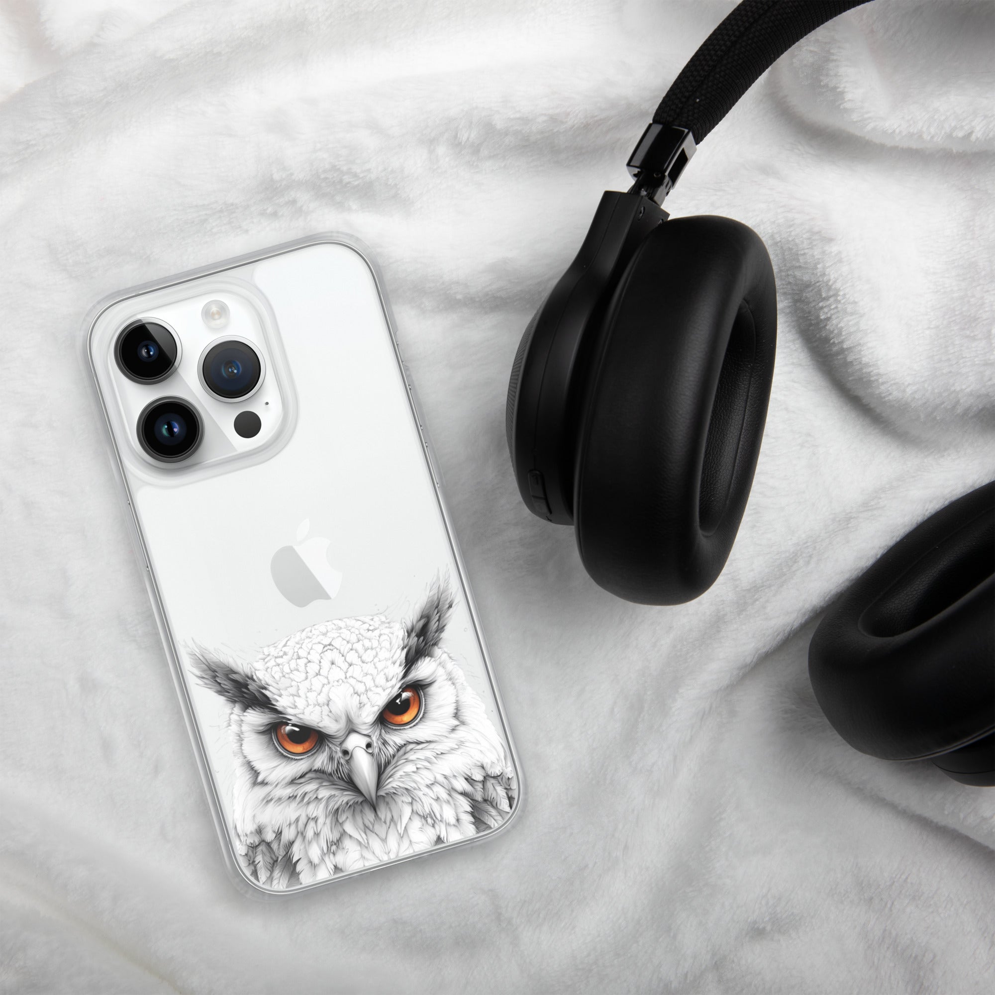 Snowy Owl Glare Clear Case for iPhone 14 Pro - Minimalist White Owl Illustration Protective Cover