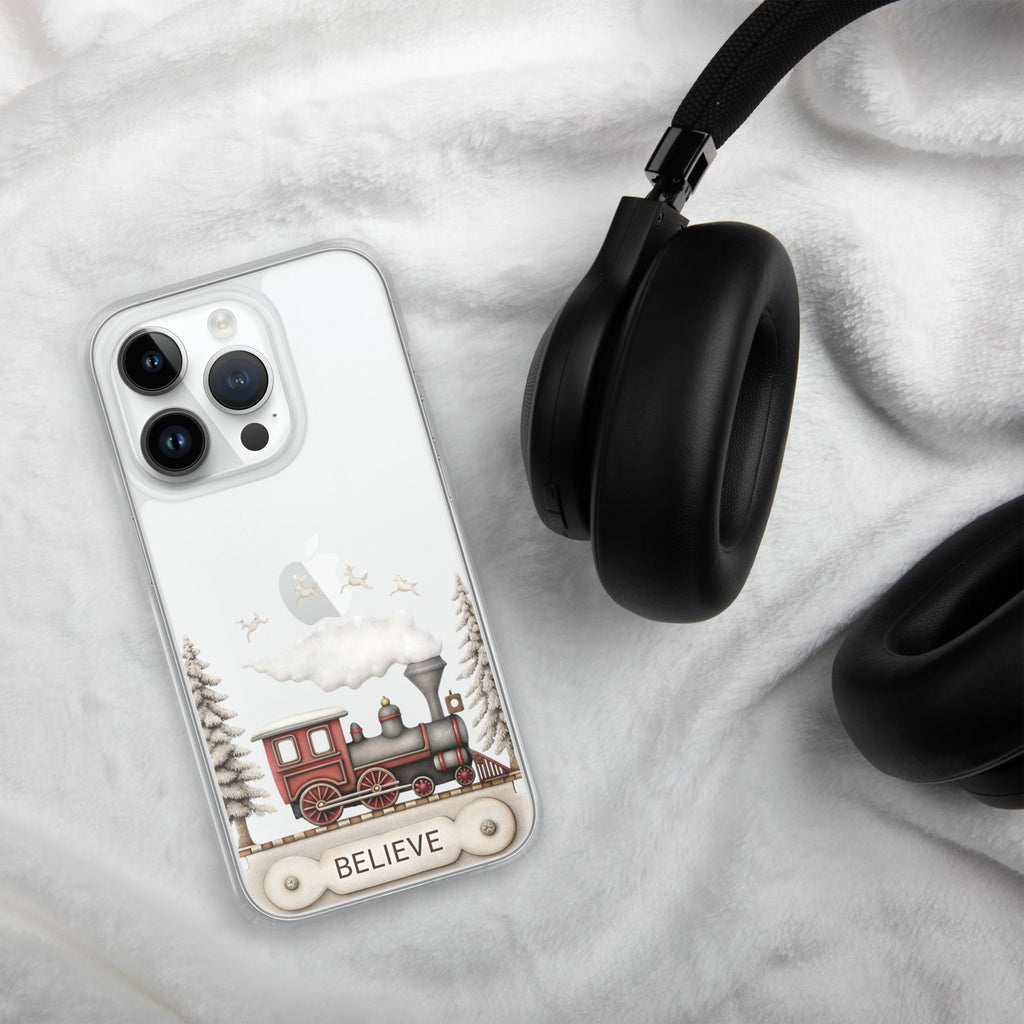 Believe Christmas Train Clear Case for iPhone 14 Pro - Vintage Holiday Locomotive Winter Scene Cover