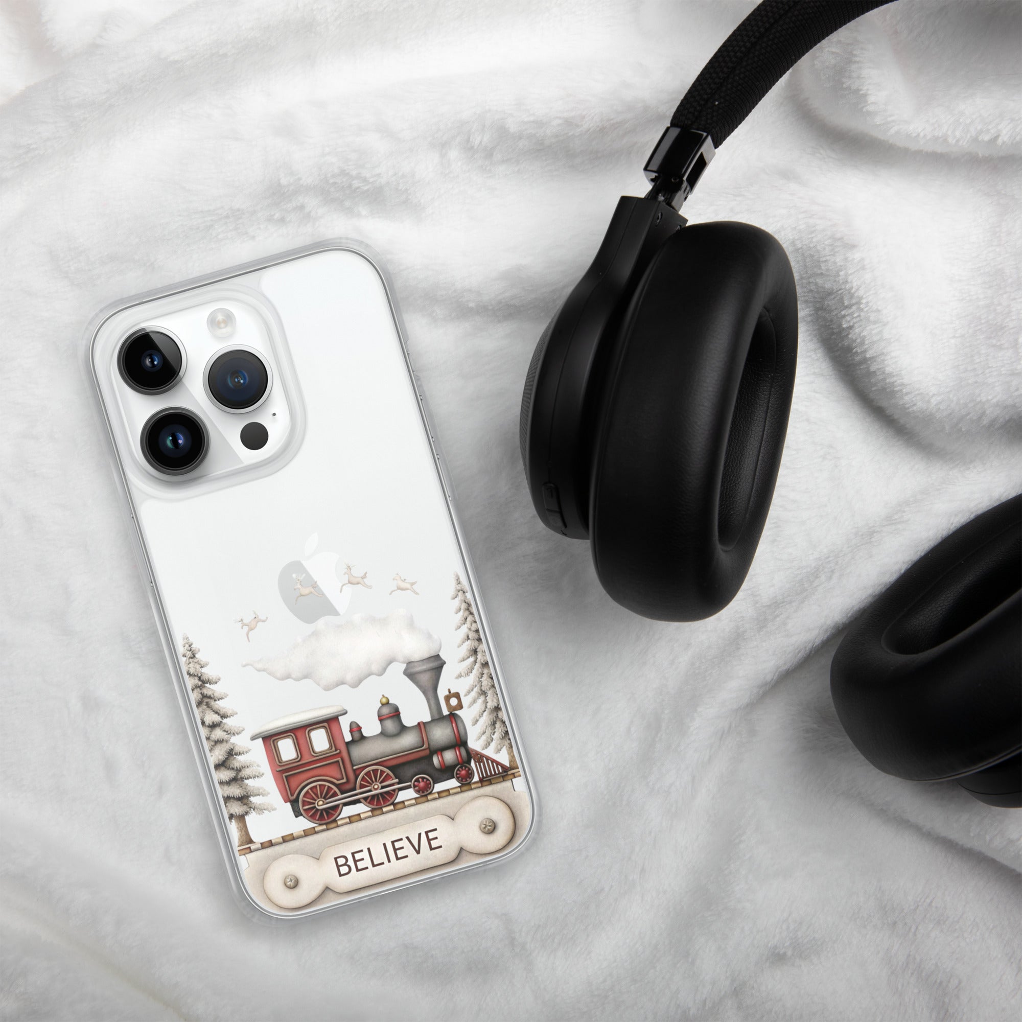 Believe Christmas Train Clear Case for iPhone 14 Pro - Vintage Holiday Locomotive Winter Scene Cover