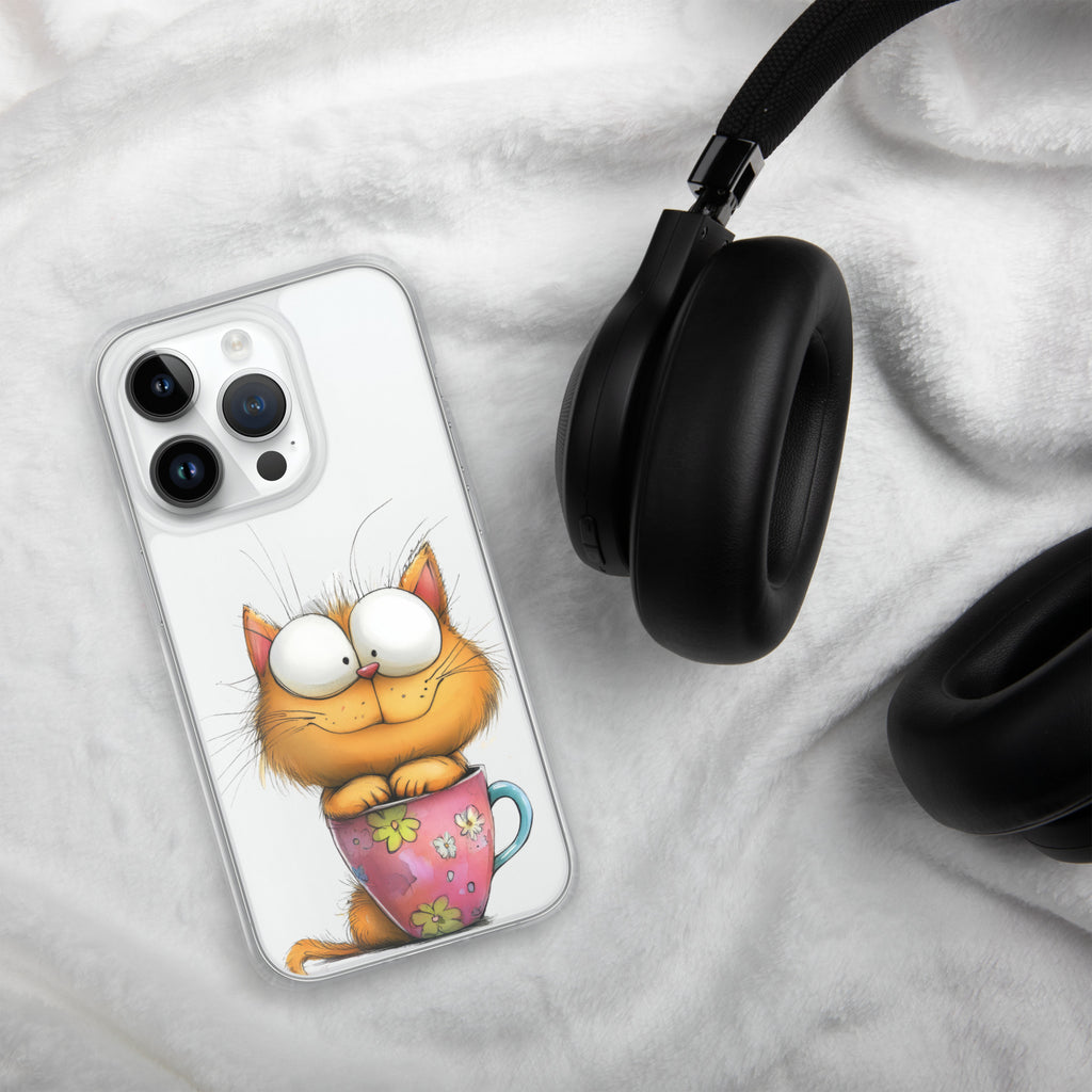 Goofy Cat in Cup Clear Case for iPhone 14 Pro - Funny Cartoon Kitty Protective Cover