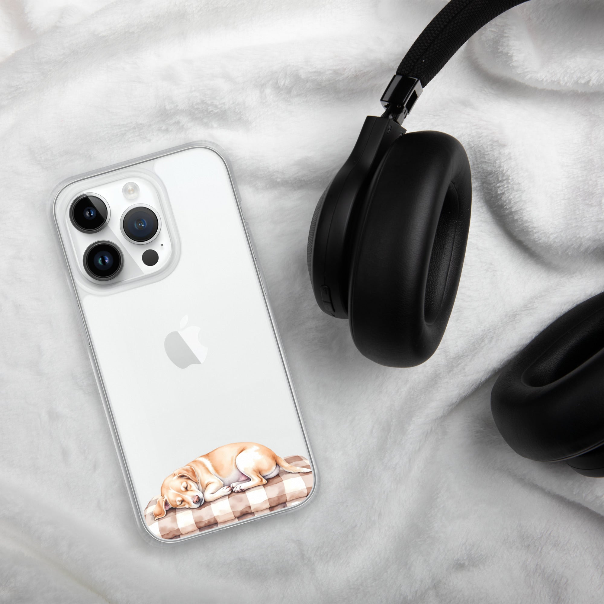 Sleepy Dog on Checkered Blanket Clear Case for iPhone 14 Pro - Cute Cozy Puppy Illustration Protective Cover