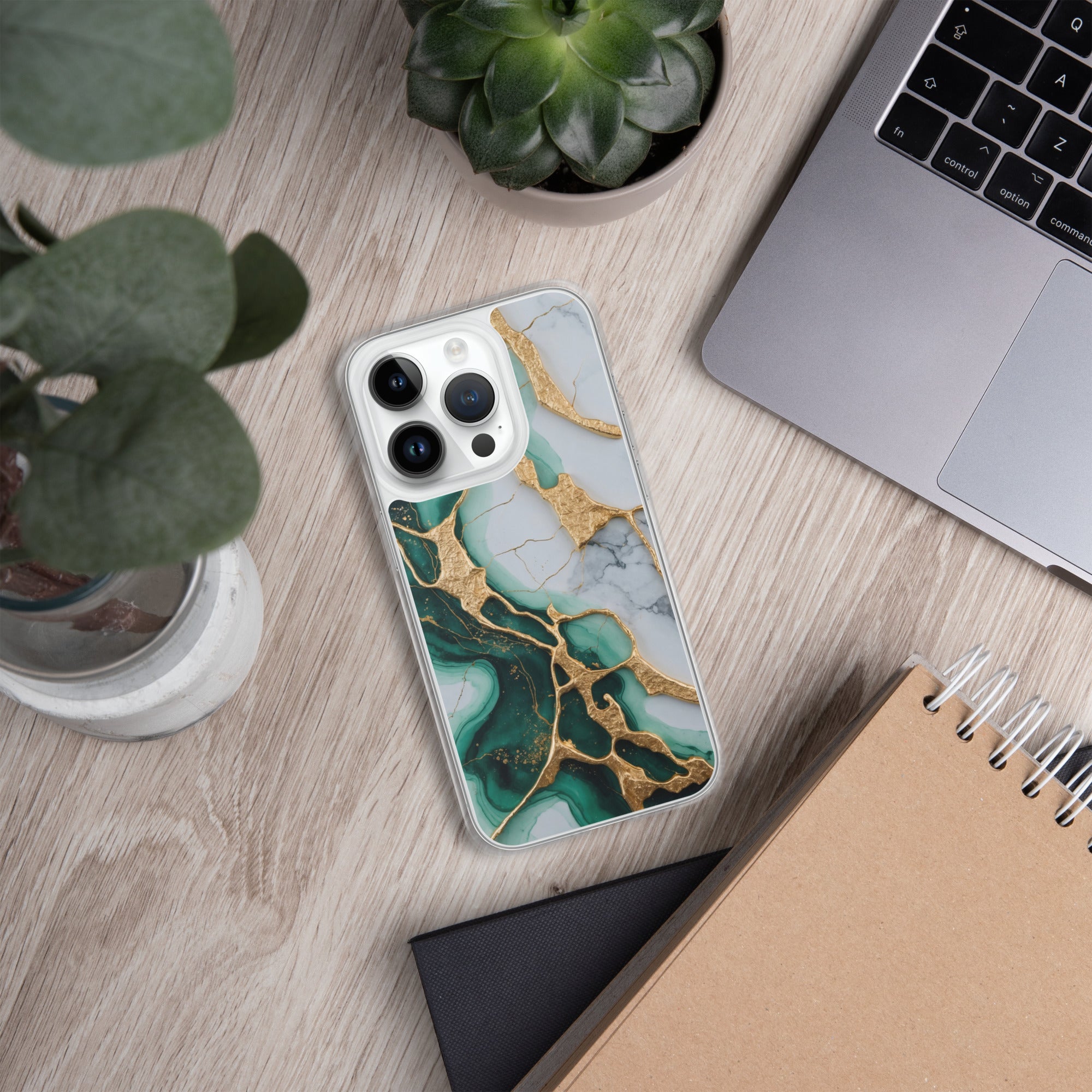 Emerald Golden Marble Flow Clear Case for iPhone 14 Pro - Luxury Green & Gold Marble Protective Cover