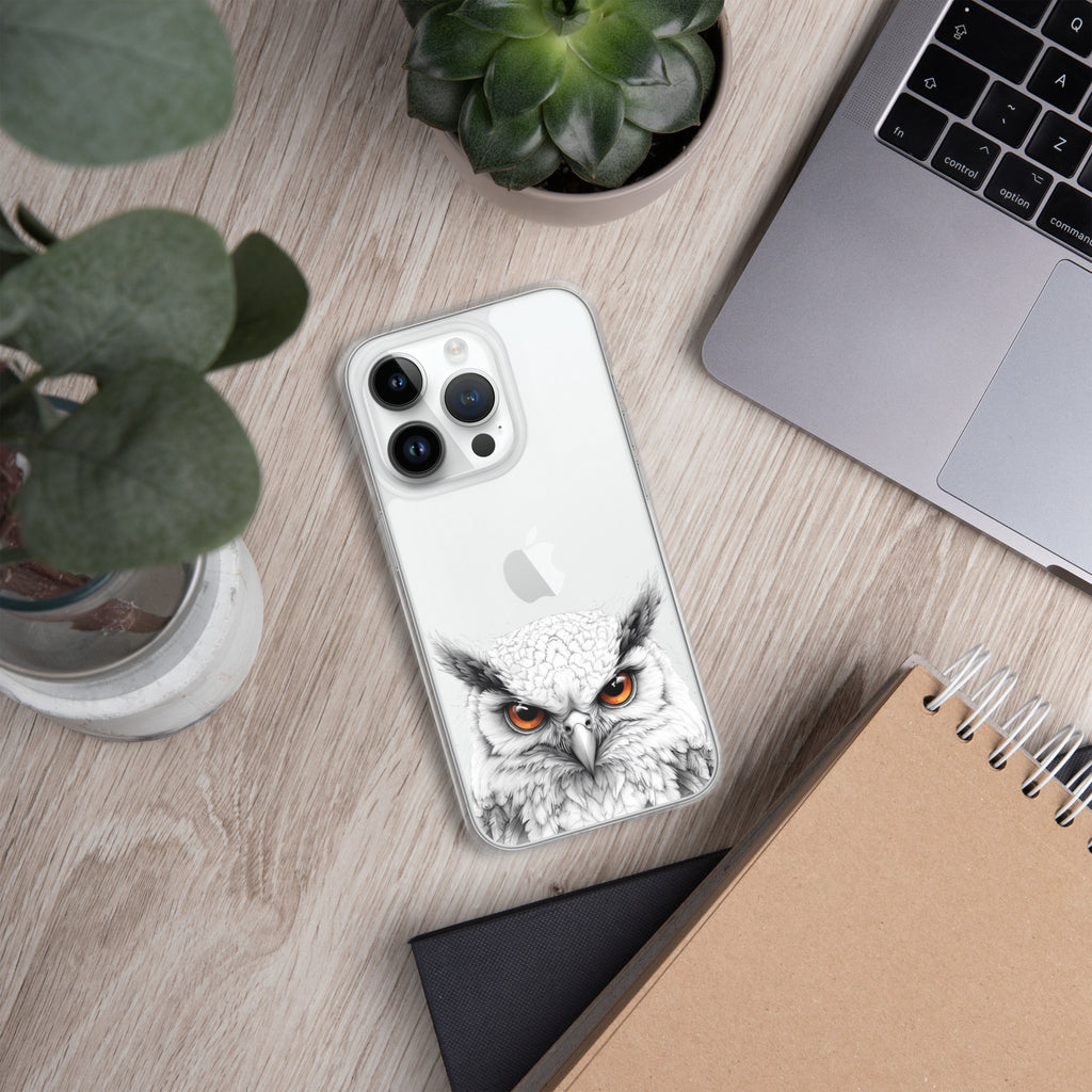 Snowy Owl Glare Clear Case for iPhone 14 Pro - Minimalist White Owl Illustration Protective Cover