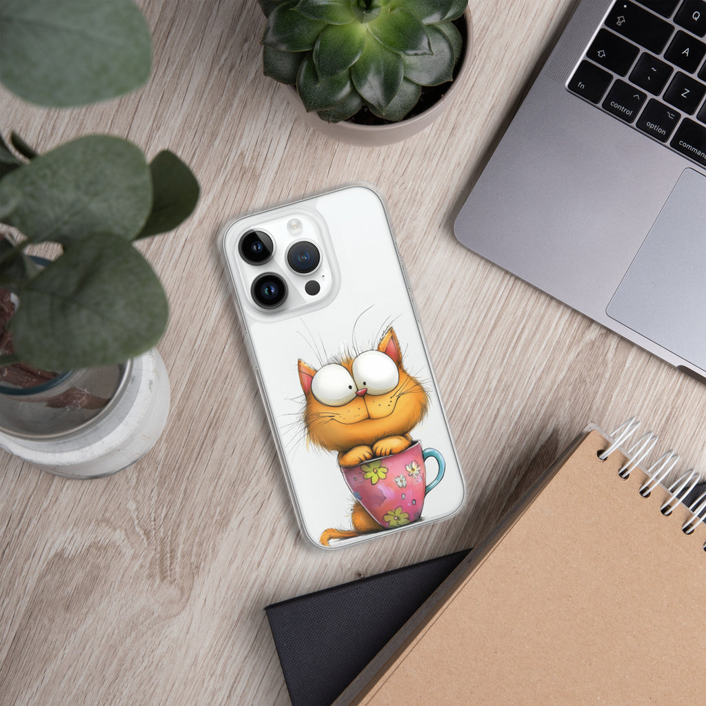 Goofy Cat in Cup Clear Case for iPhone 14 Pro - Funny Cartoon Kitty Protective Cover