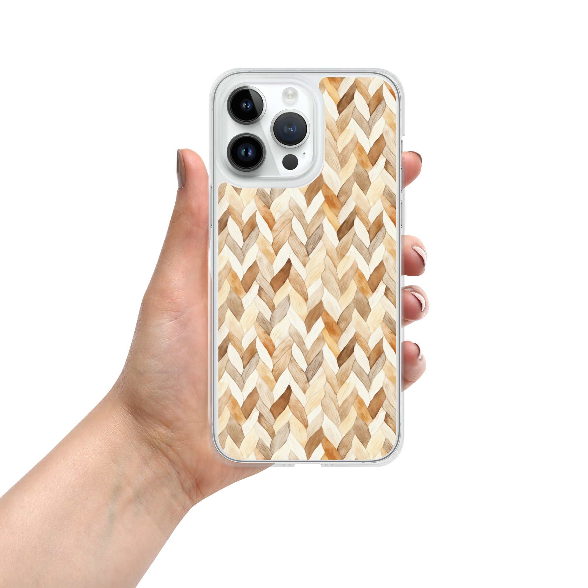 Cozy Knit Pattern Clear Case for iPhone 14 Pro Max - Neutral Braided Texture Protective Cover