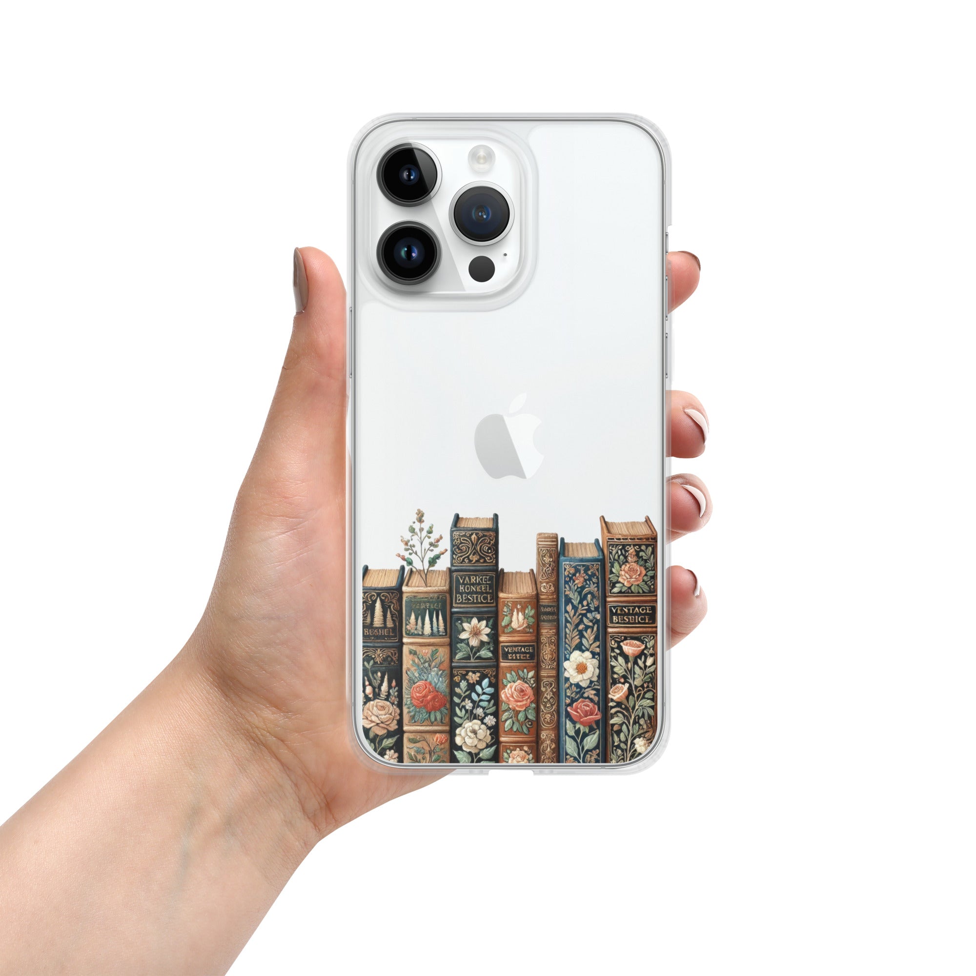 Vintage Floral Bookshelf Clear Case for iPhone 14 Pro Max