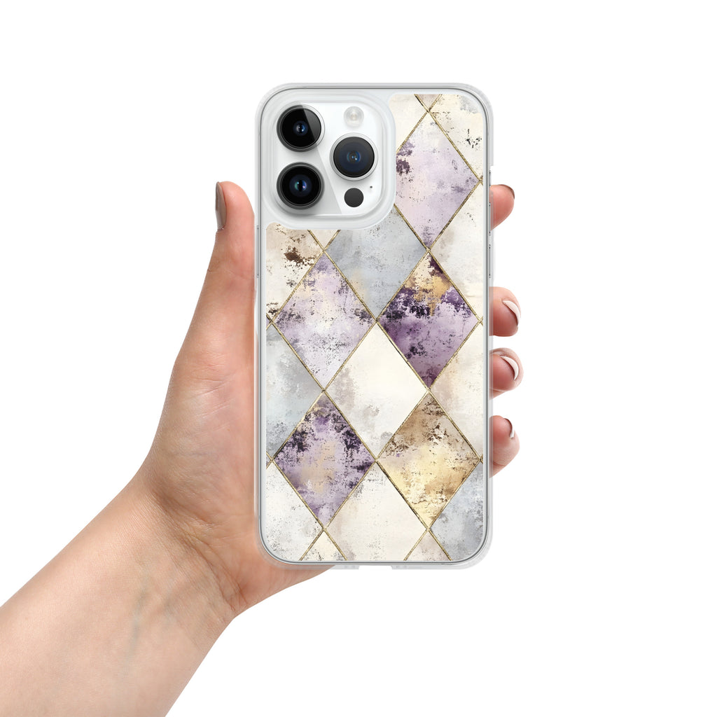 Golden Harlequin Damask Clear Case for iPhone 14 Pro Max - Elegant Gold Geometric Protective Cover