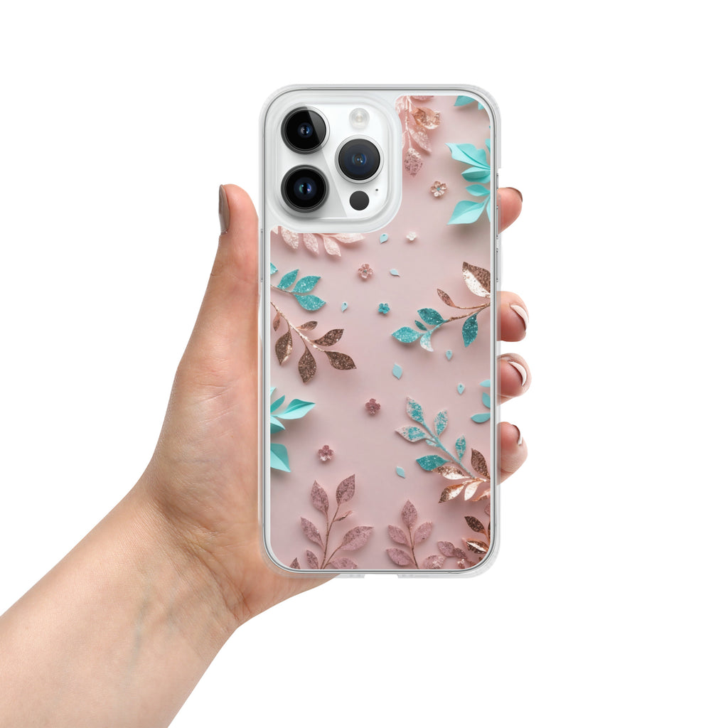 Blush Garden Glam Clear Case for iPhone 14 Pro Max - Pink & Teal Glitter Floral Protective Cover
