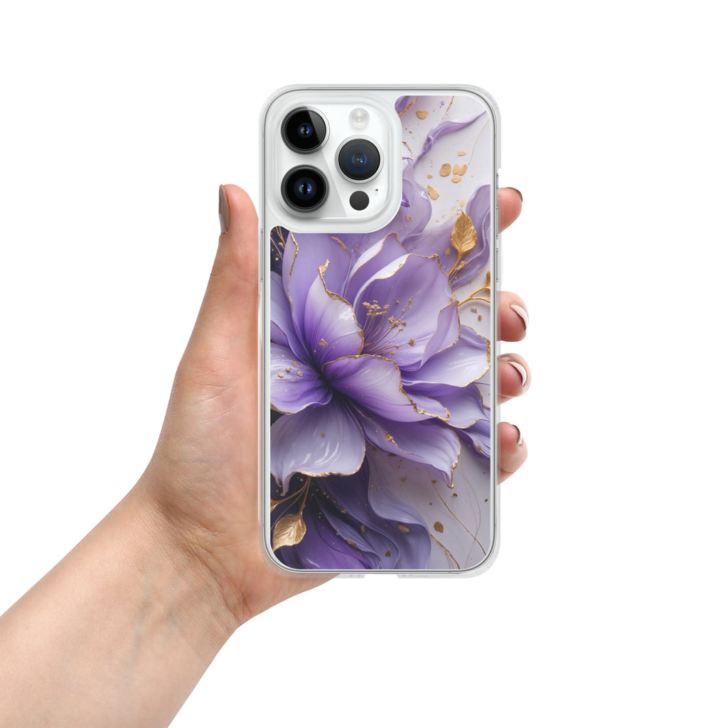 Royal Violet Bloom Clear Case for iPhone 14 Pro Max - Luxury Purple & Gold Floral Protective Cover