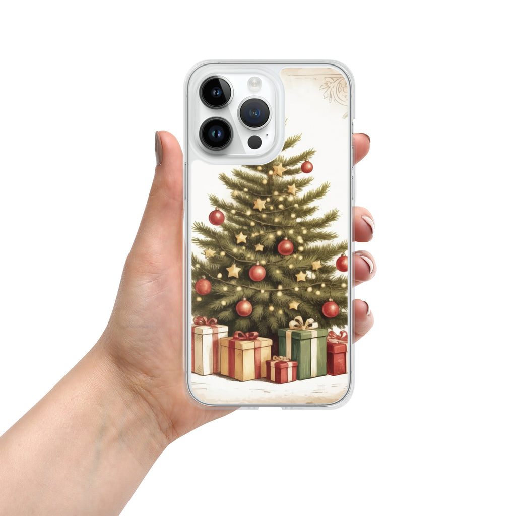Vintage Christmas Tree Clear Case for iPhone 14 Pro Max - Festive Holiday Tree & Gifts Protective Cover