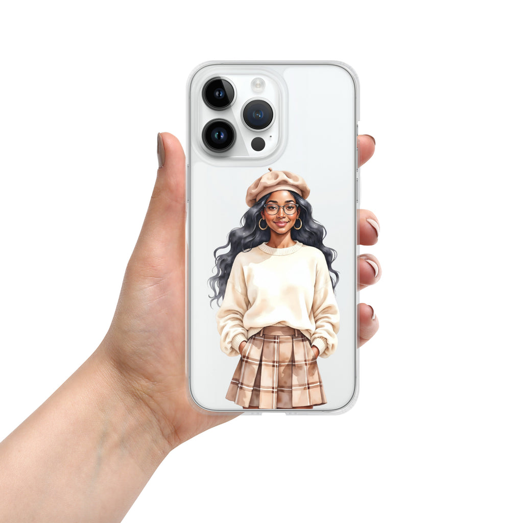 Cozy Plaid Autumn Girl Clear Case for iPhone 14 Pro Max