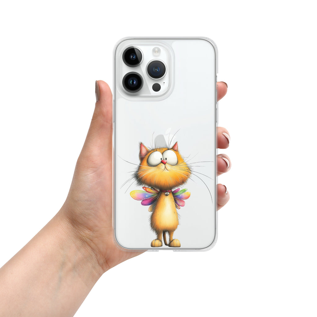 Fairy Cat Clear Case for iPhone 14 Pro Max - Cute Magical Kitty with Colorful Wings Protective Cover