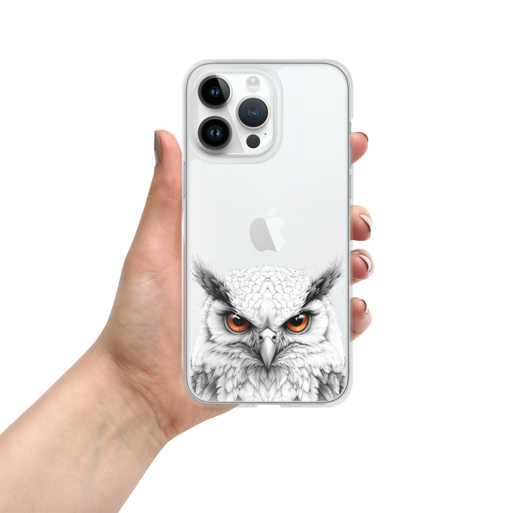 Snowy Owl Glare Clear Case for iPhone 14 Pro Max - Minimalist White Owl Illustration Protective Cover