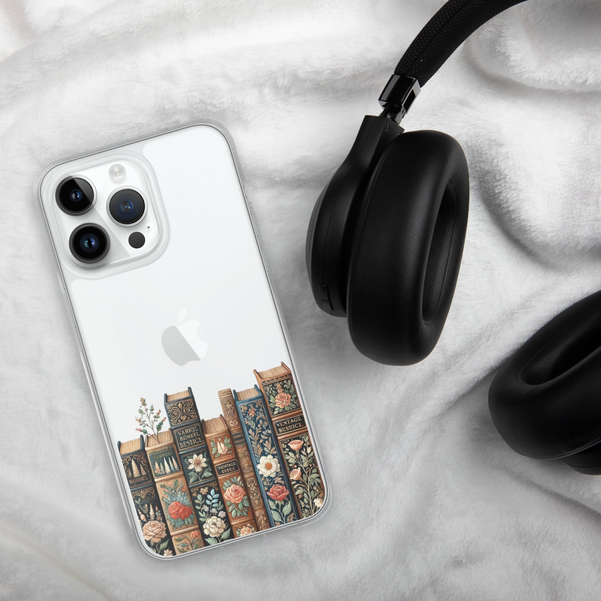 Vintage Floral Bookshelf Clear Case for iPhone 14 Pro Max