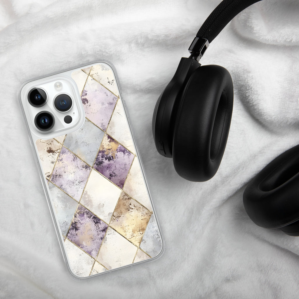 Golden Harlequin Damask Clear Case for iPhone 14 Pro Max - Elegant Gold Geometric Protective Cover