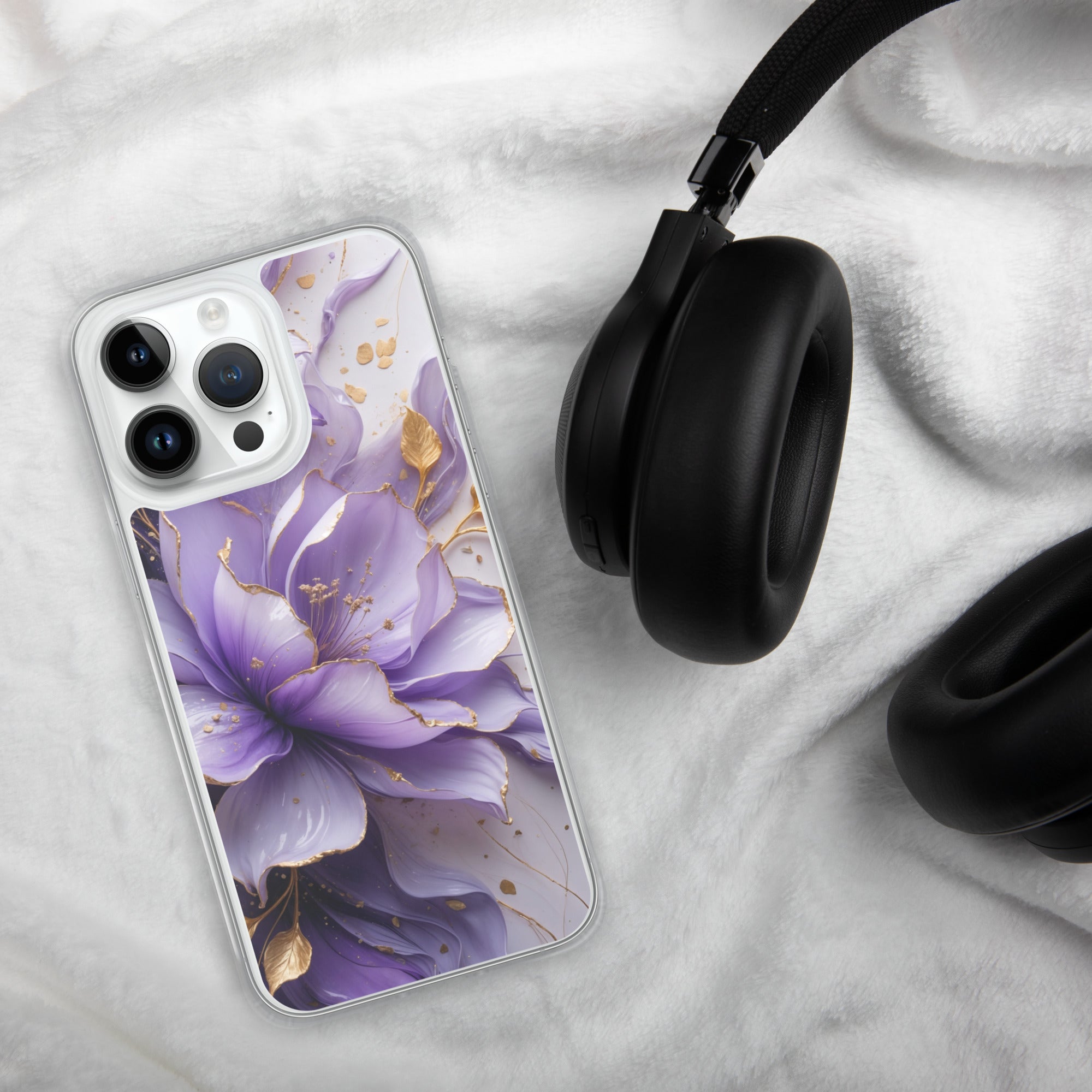 Royal Violet Bloom Clear Case for iPhone 14 Pro Max - Luxury Purple & Gold Floral Protective Cover