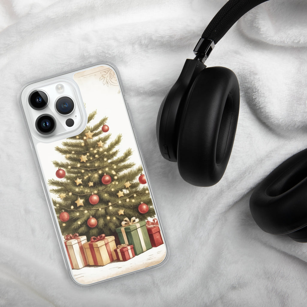 Vintage Christmas Tree Clear Case for iPhone 14 Pro Max - Festive Holiday Tree & Gifts Protective Cover