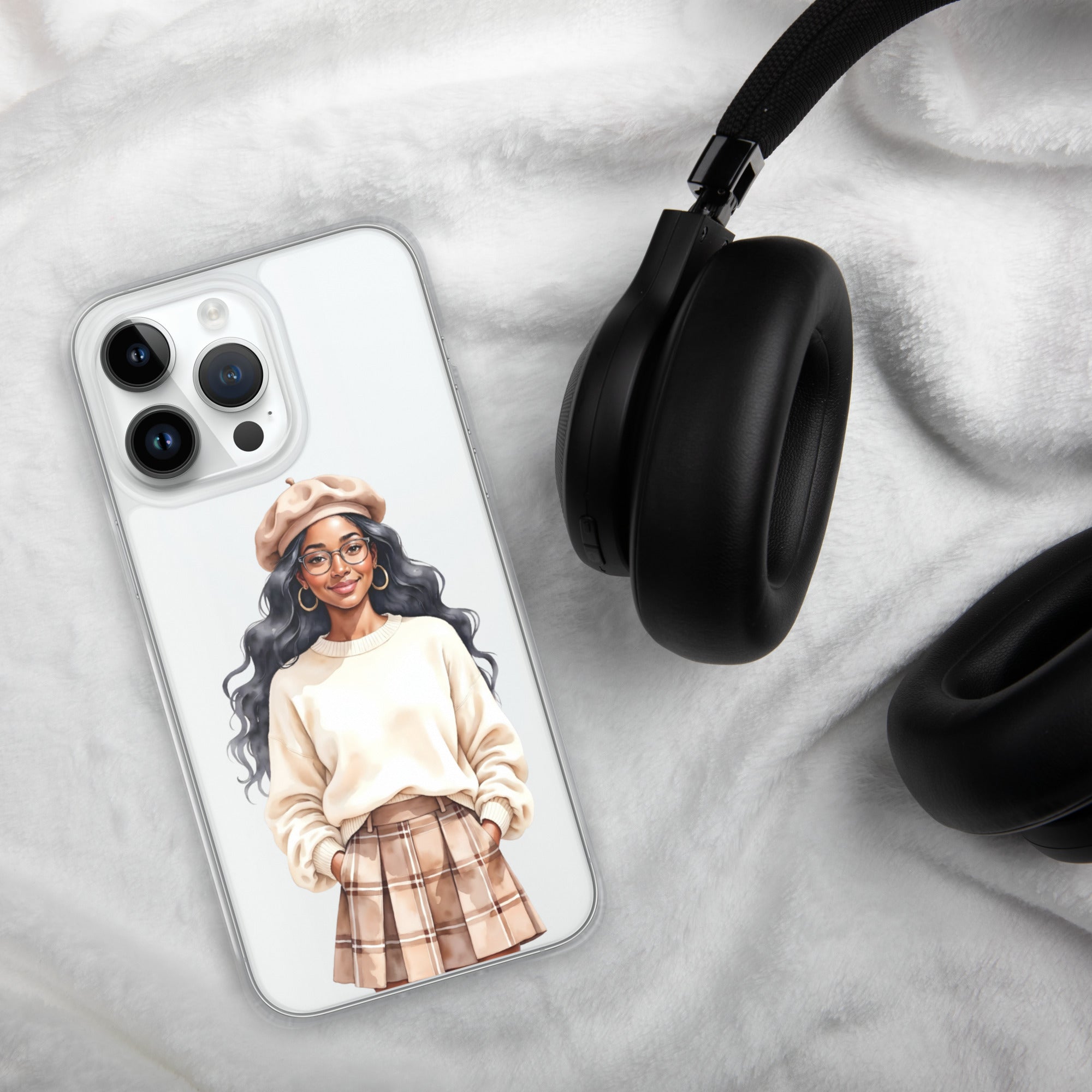 Cozy Plaid Autumn Girl Clear Case for iPhone 14 Pro Max