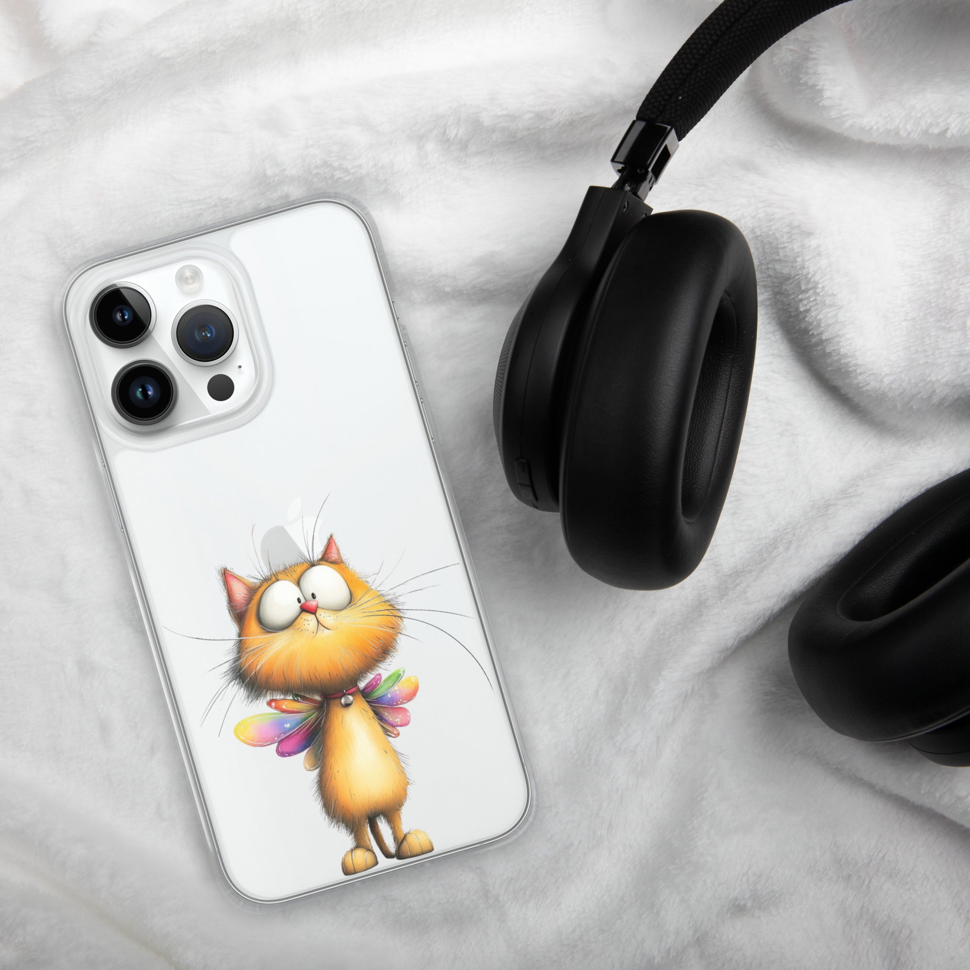 Fairy Cat Clear Case for iPhone 14 Pro Max - Cute Magical Kitty with Colorful Wings Protective Cover
