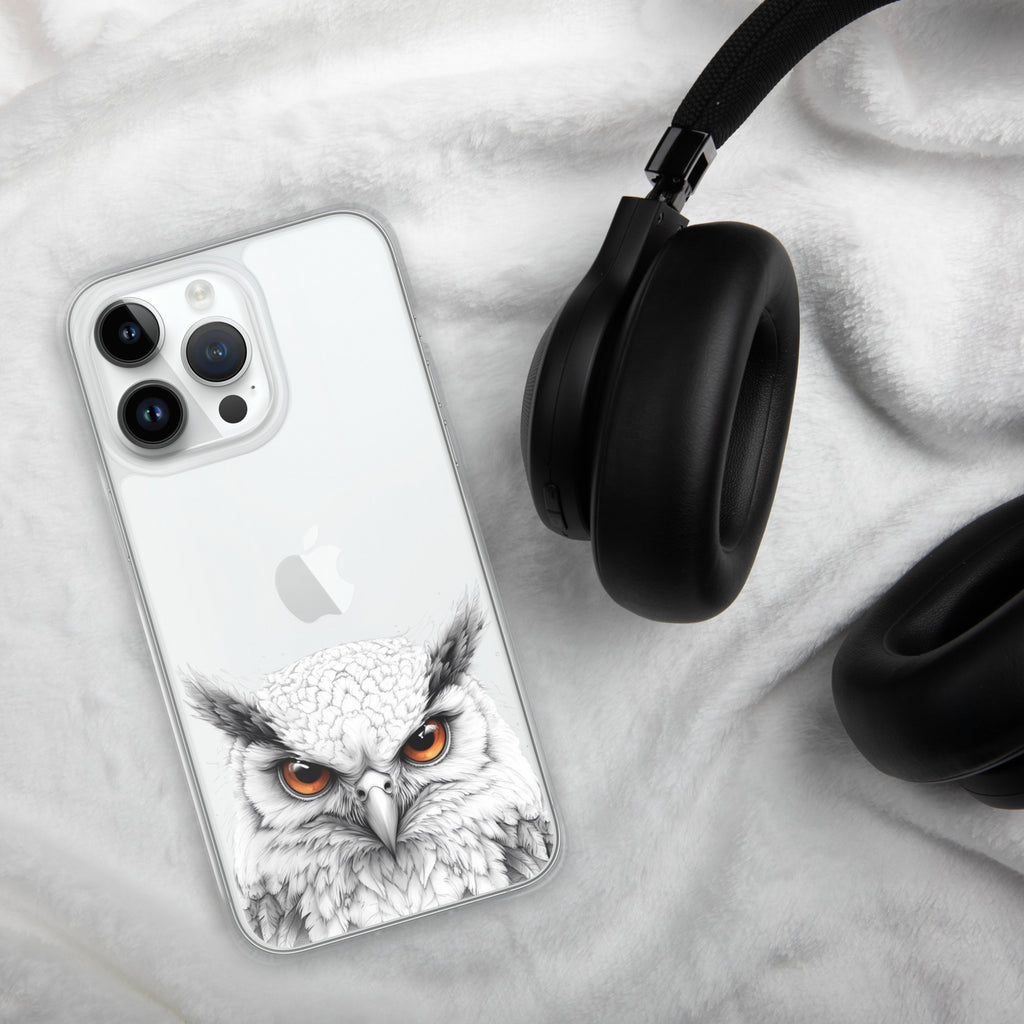 Snowy Owl Glare Clear Case for iPhone 14 Pro Max - Minimalist White Owl Illustration Protective Cover