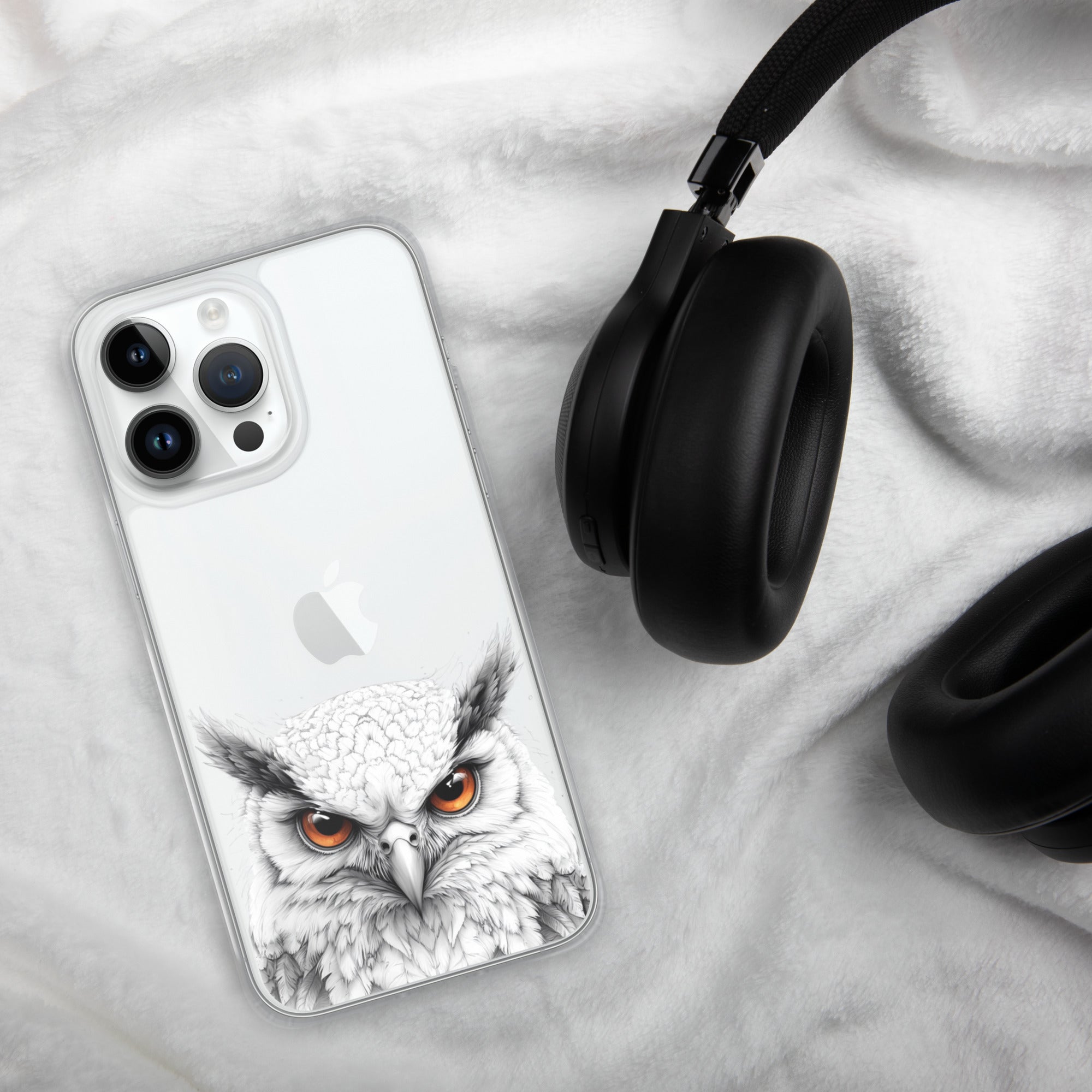 Snowy Owl Glare Clear Case for iPhone 14 Pro Max - Minimalist White Owl Illustration Protective Cover
