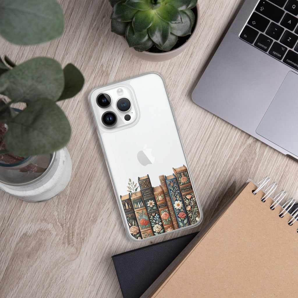 Vintage Floral Bookshelf Clear Case for iPhone 14 Pro Max