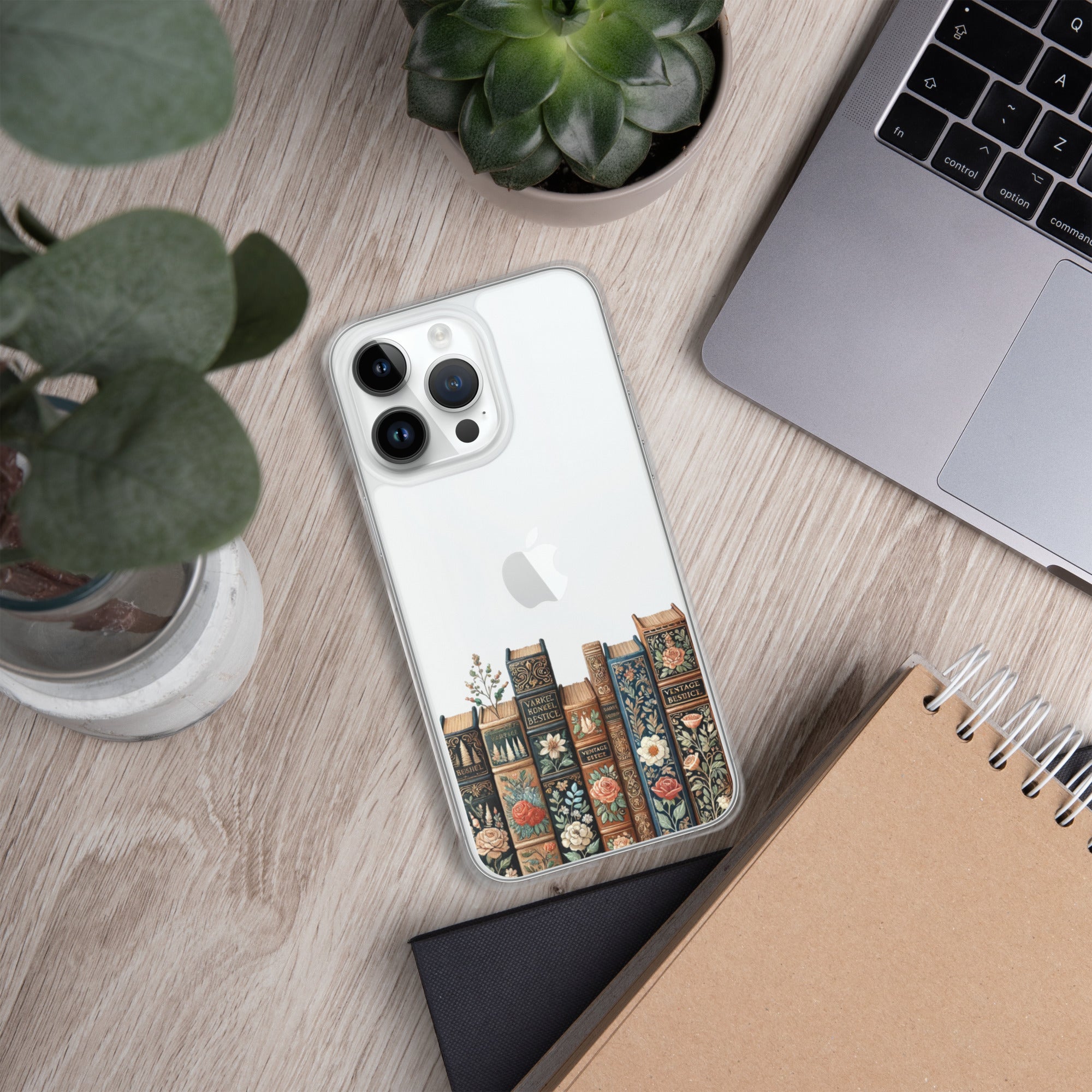 Vintage Floral Bookshelf Clear Case for iPhone 14 Pro Max