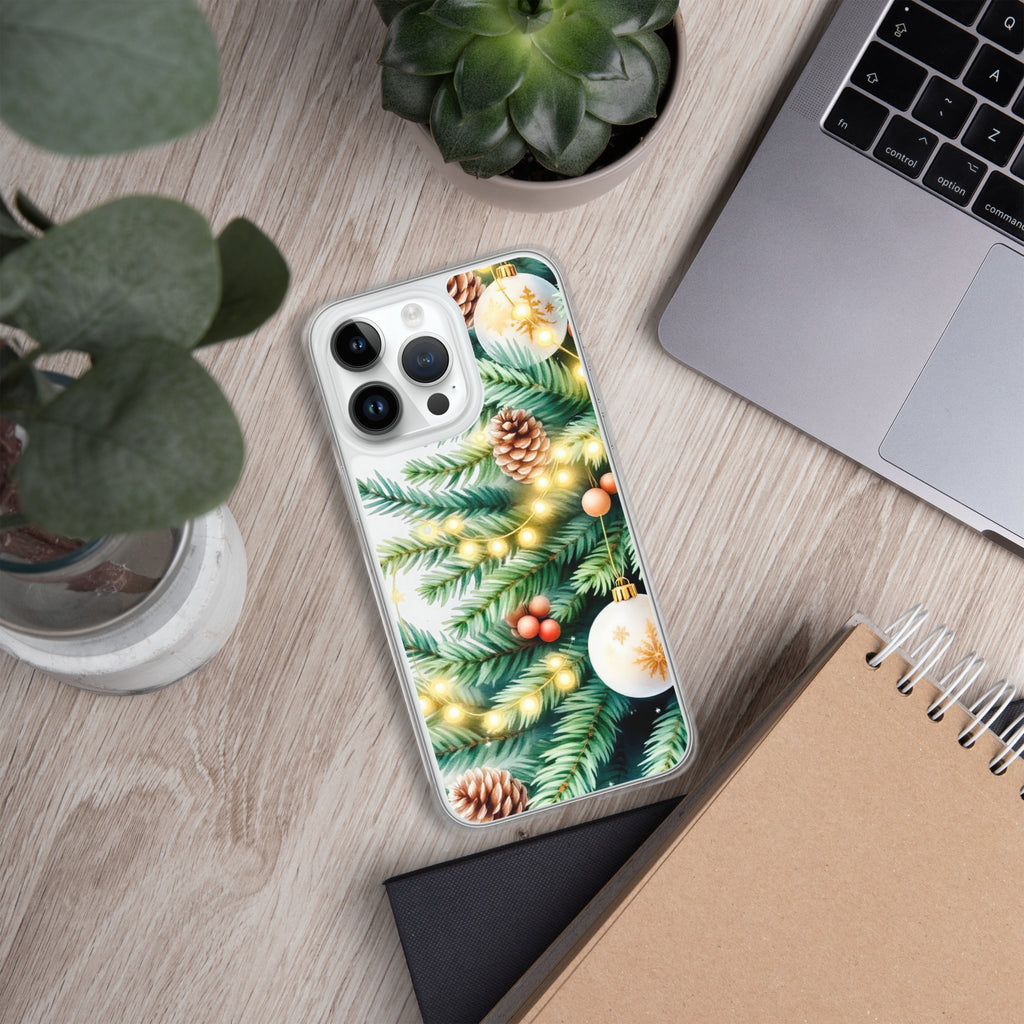 Holiday Pine Glow Clear Case for iPhone 14 Pro Max - Christmas Pine Branches & Warm Lights Protective Cover