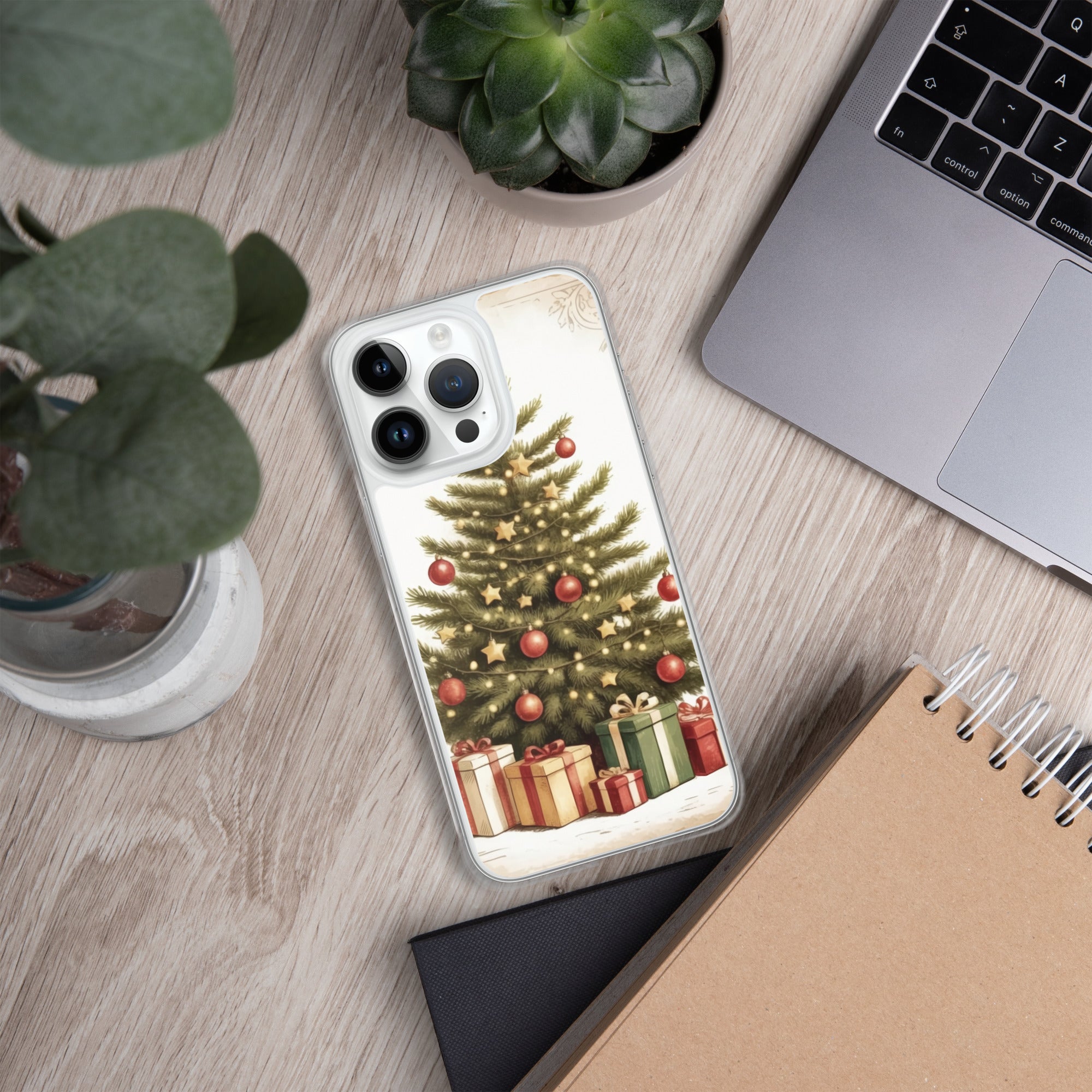Vintage Christmas Tree Clear Case for iPhone 14 Pro Max - Festive Holiday Tree & Gifts Protective Cover
