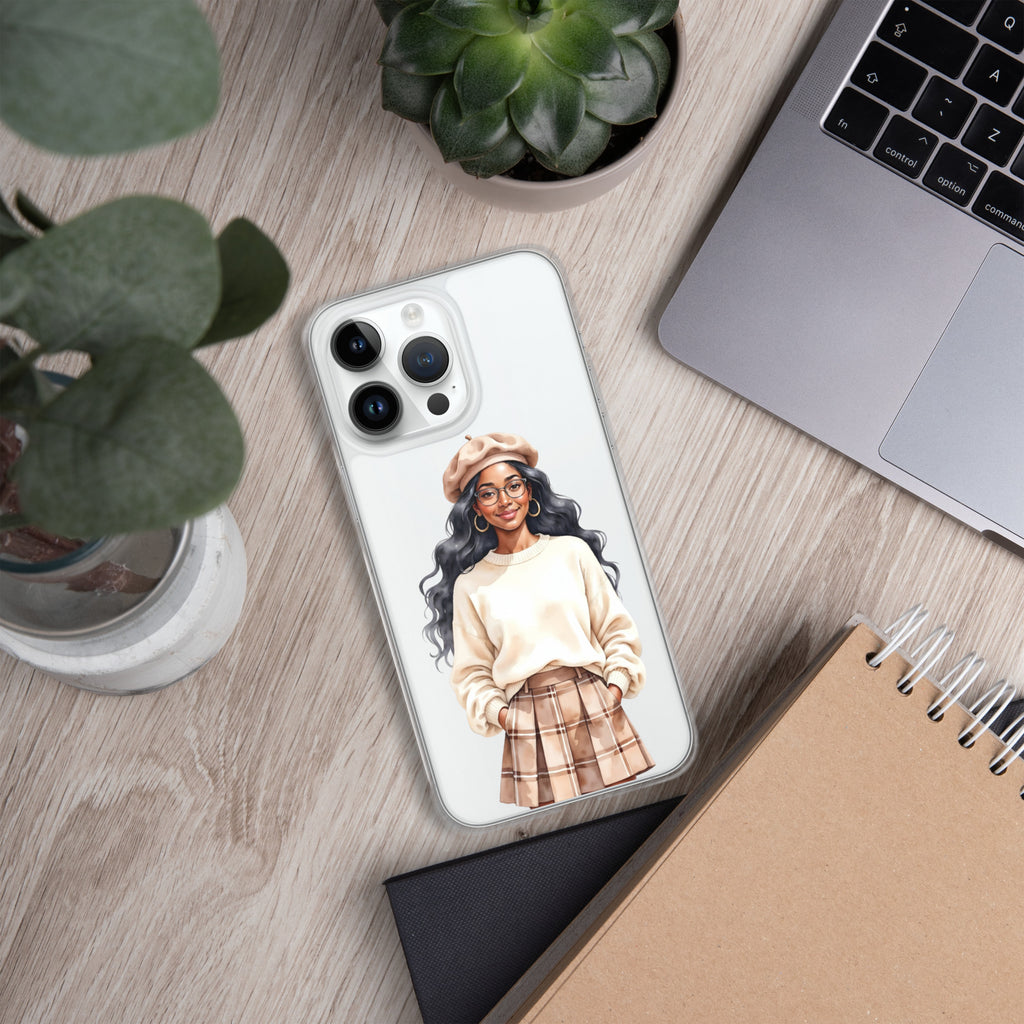 Cozy Plaid Autumn Girl Clear Case for iPhone 14 Pro Max