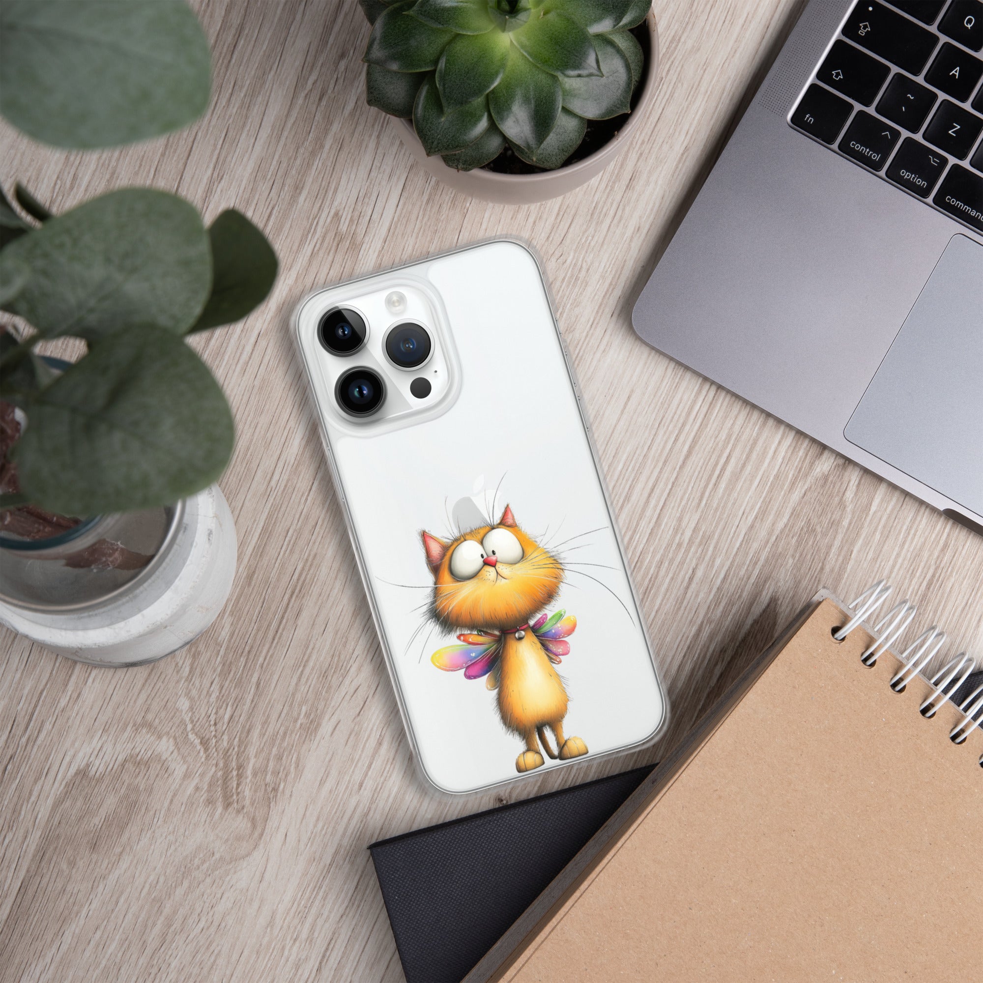 Fairy Cat Clear Case for iPhone 14 Pro Max - Cute Magical Kitty with Colorful Wings Protective Cover