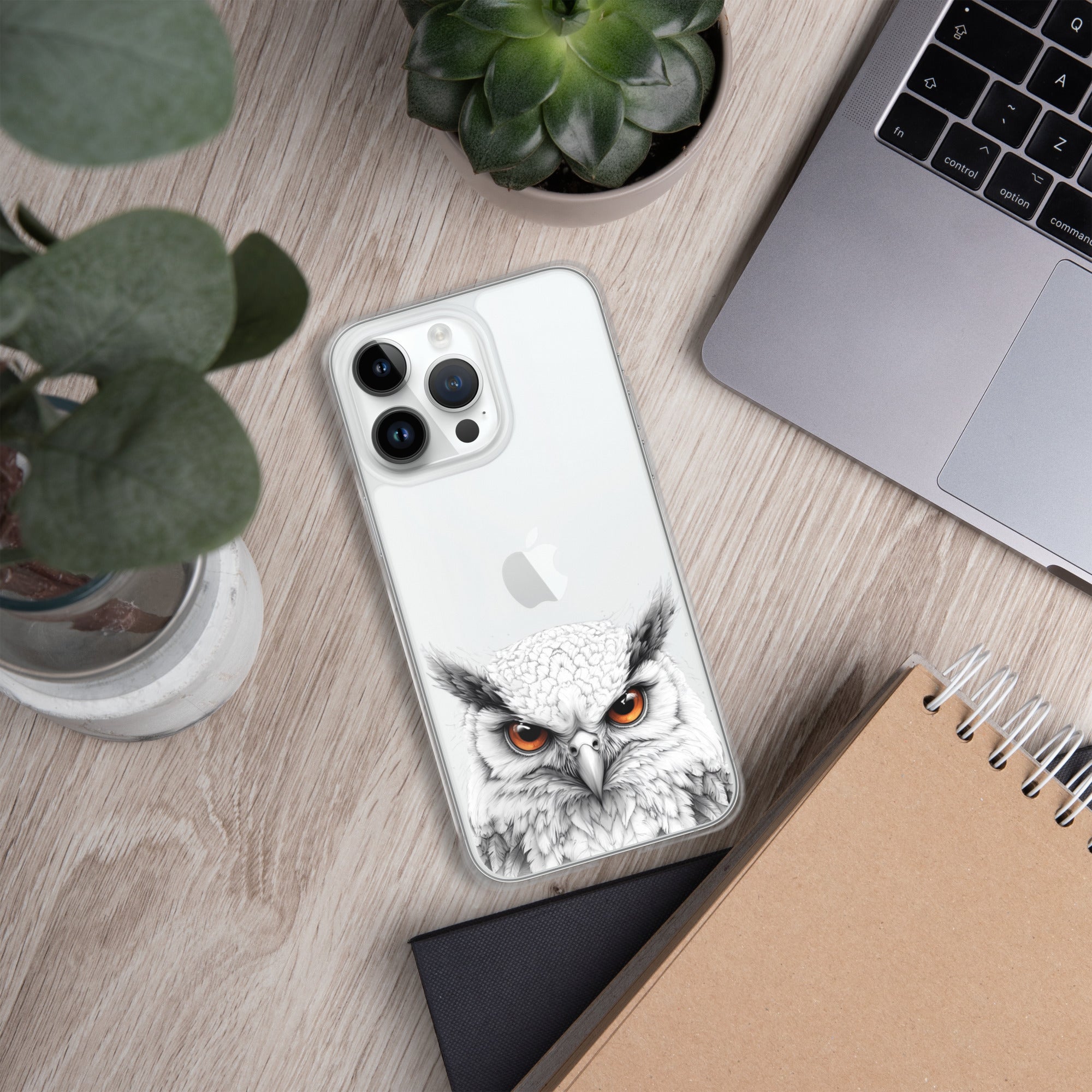 Snowy Owl Glare Clear Case for iPhone 14 Pro Max - Minimalist White Owl Illustration Protective Cover