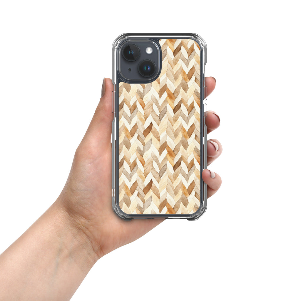 Cozy Knit Pattern Clear Case for iPhone 15 - Neutral Braided Texture Protective Cover