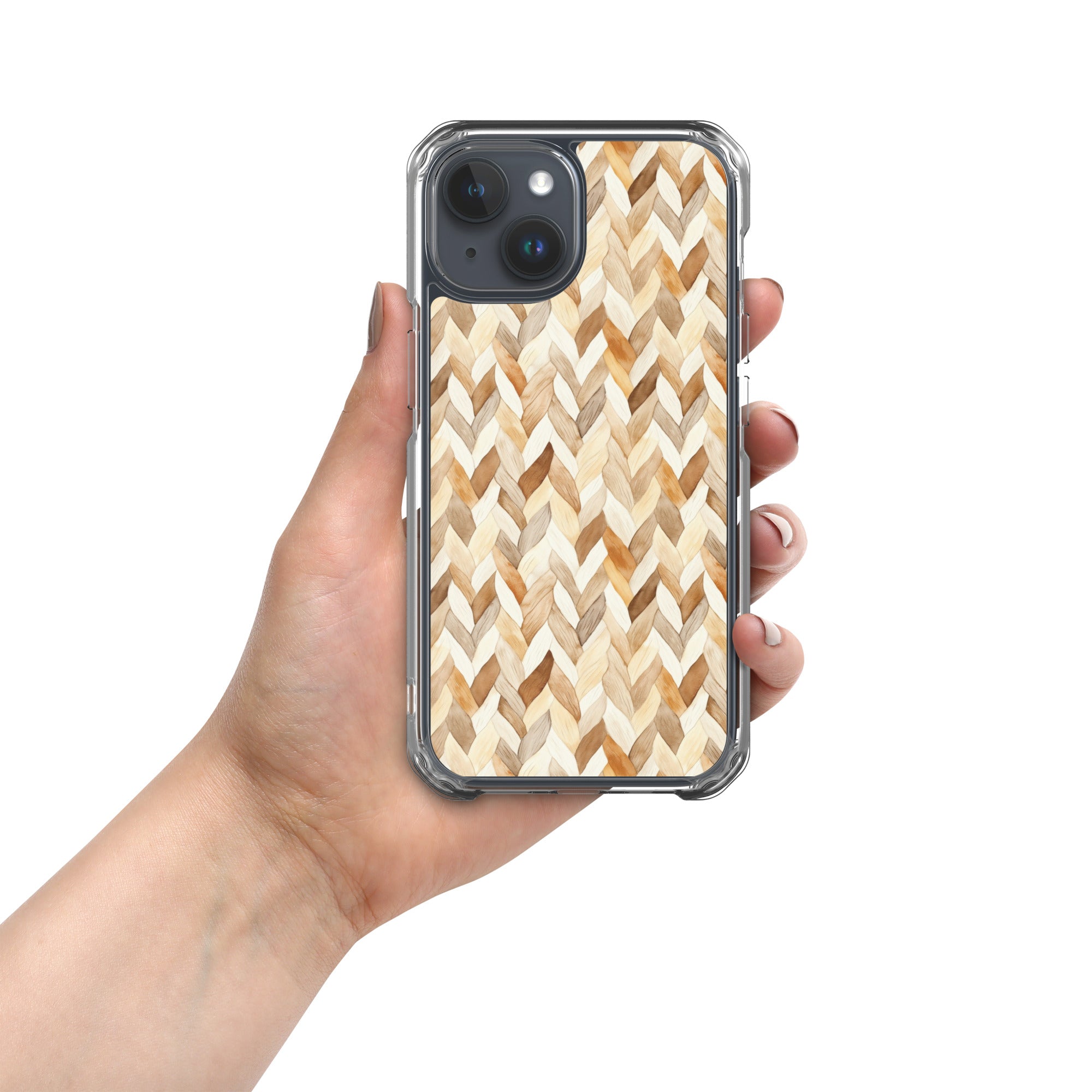 Cozy Knit Pattern Clear Case for iPhone 15 - Neutral Braided Texture Protective Cover