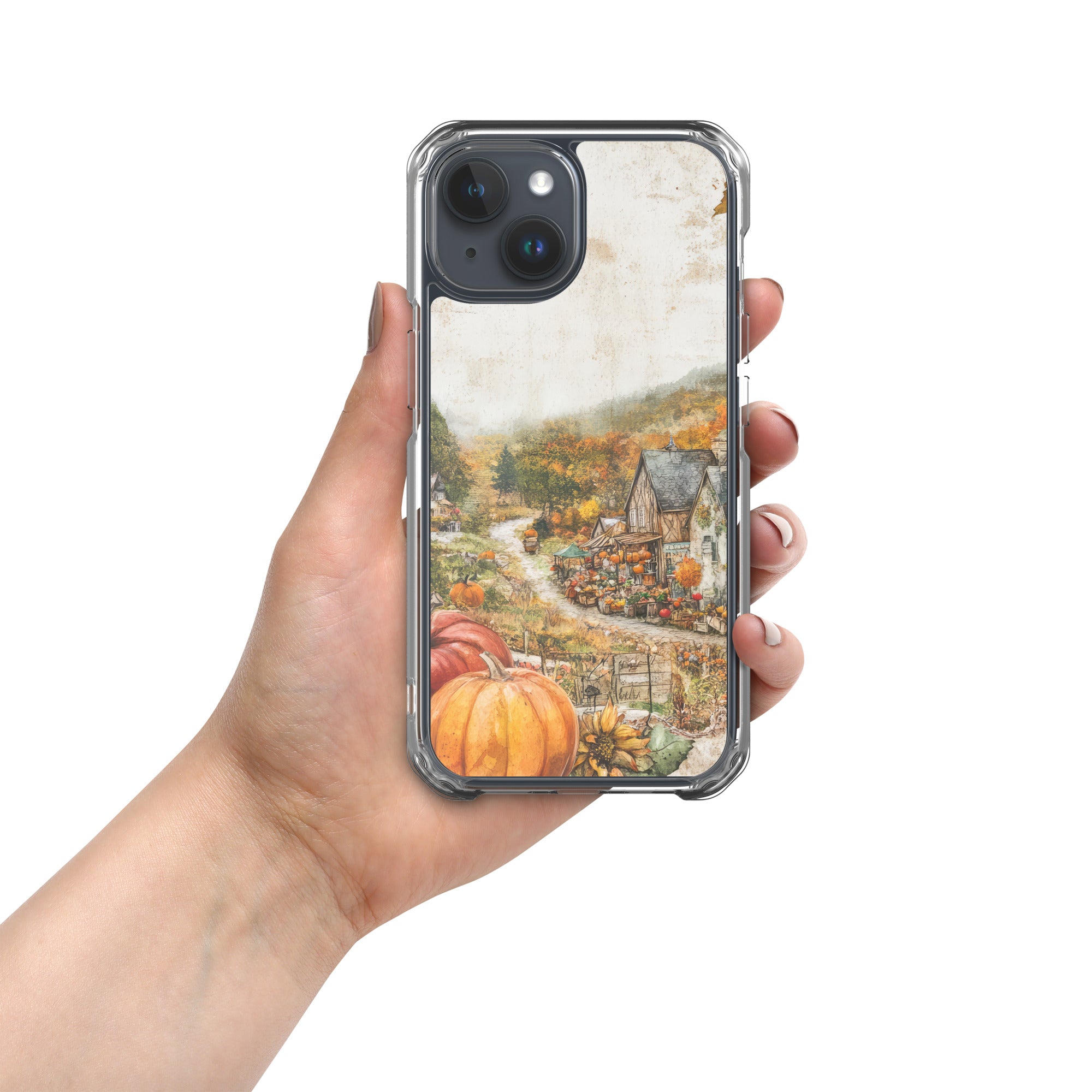 Autumn Village Clear Case for iPhone 15 - Fall Rustic Pumpkin Design Protective Cover