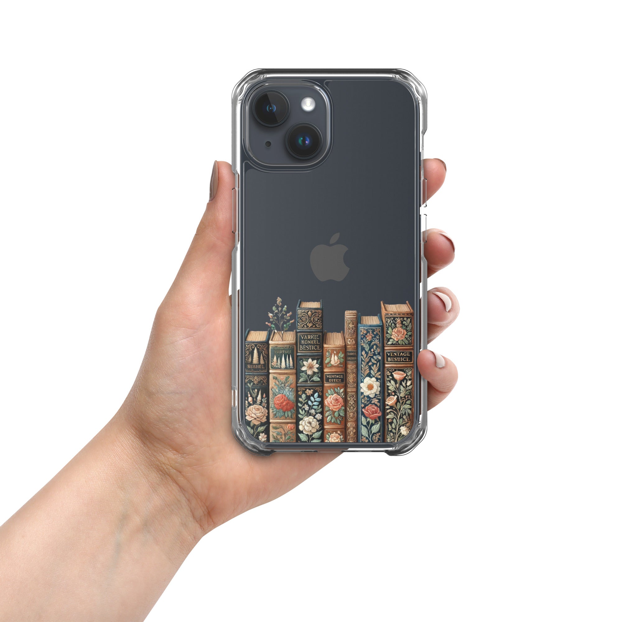 Vintage Floral Bookshelf Clear Case for iPhone 15