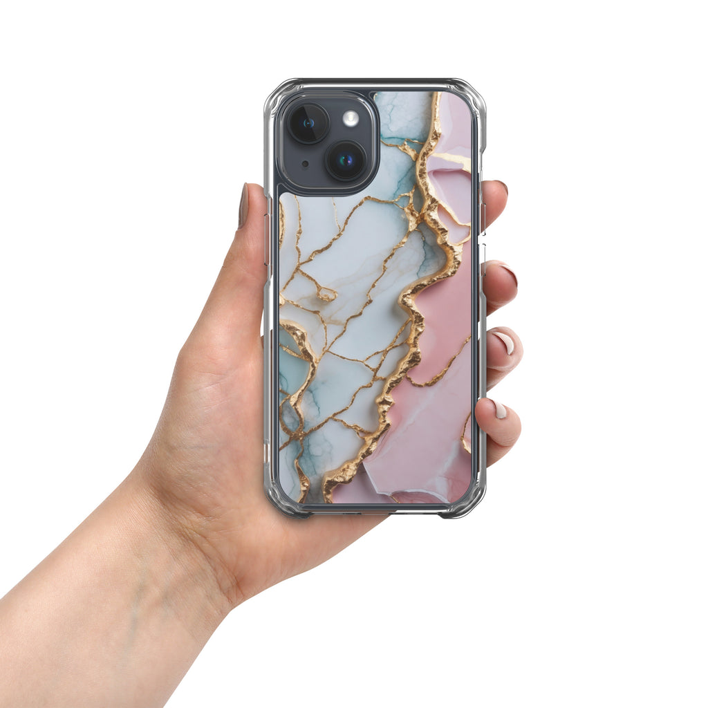 Pastel Golden Marble Fusion Clear Case for iPhone 15 - Luxury Pink & Blue Marble Protective Cover