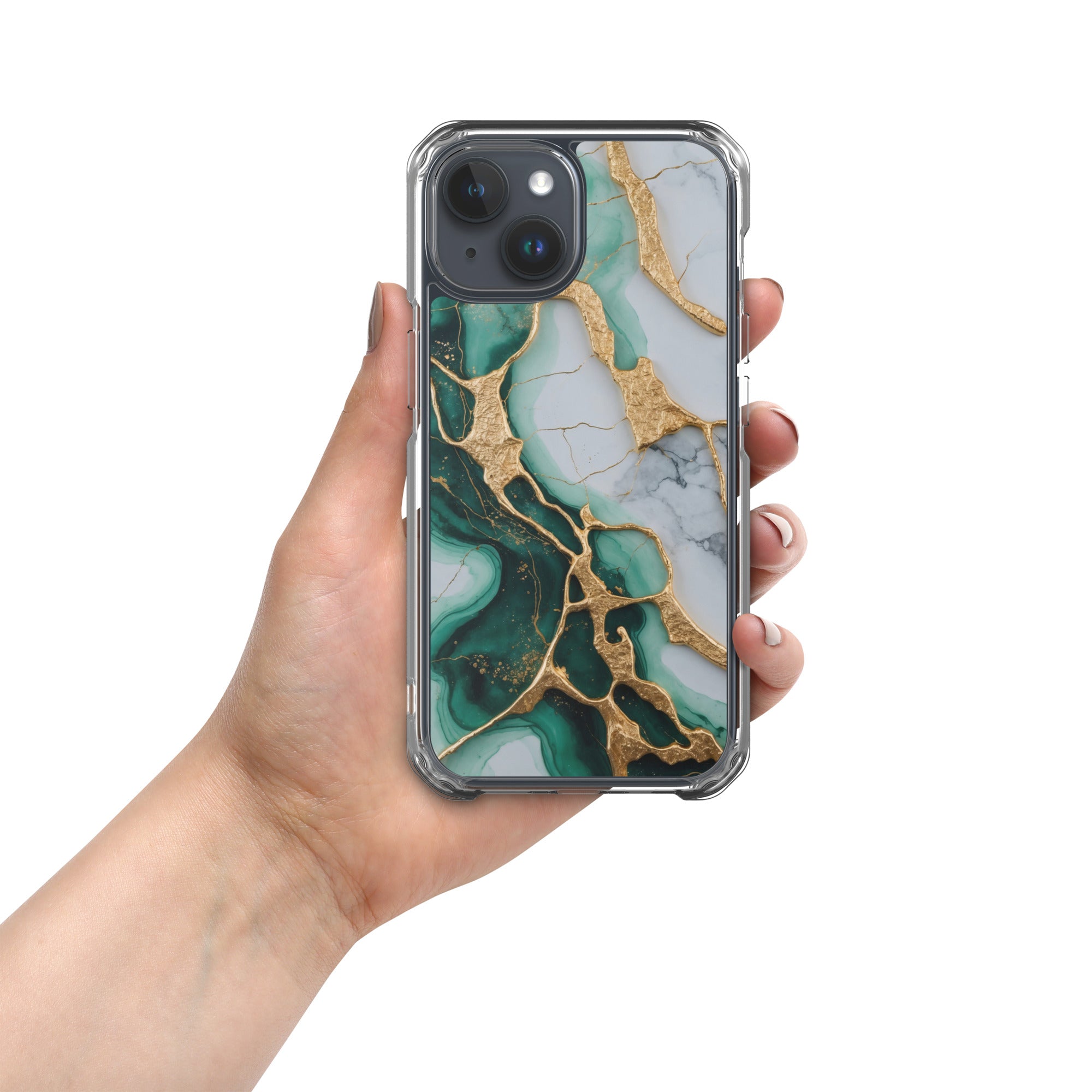 Emerald Golden Marble Flow Clear Case for iPhone 15